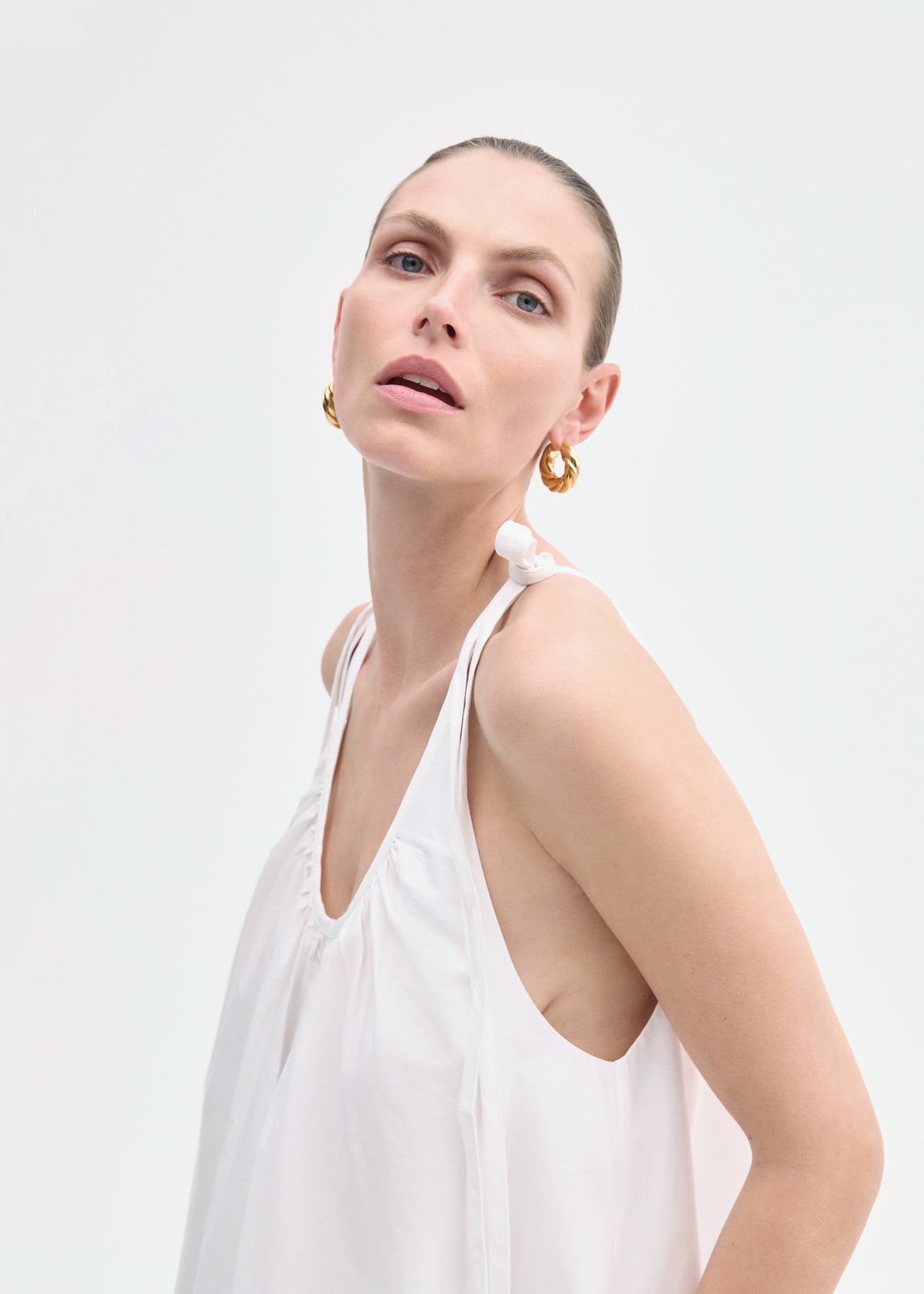 Gathered Halter Dress in Cotton Poplin - White, image 2 of 4