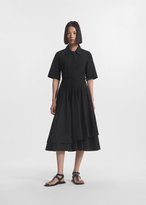 Short Sleeve Belted Dress in Cotton Poplin -  Black - CO