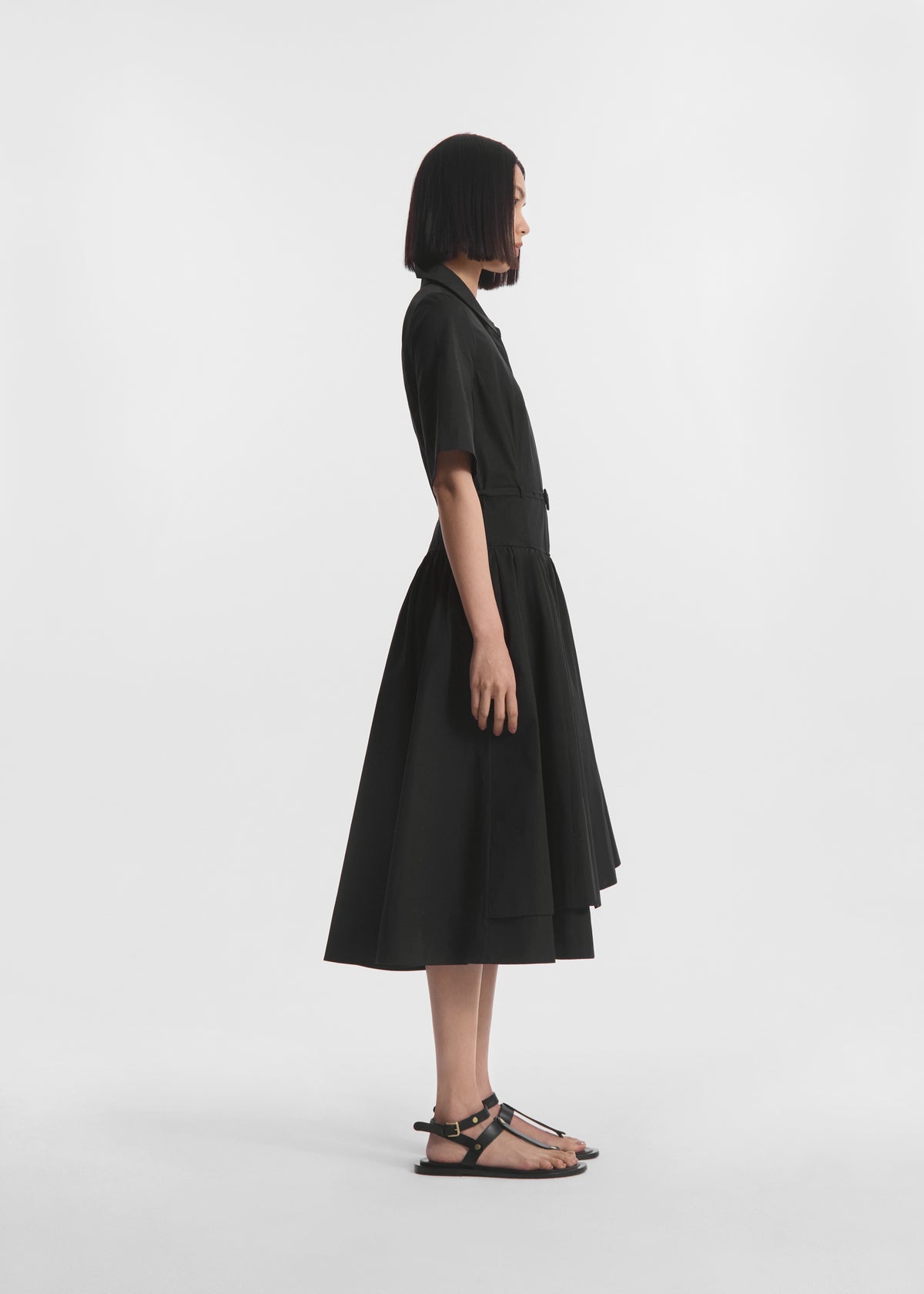 Short Sleeve Belted Dress in Cotton Poplin -  Black, image 3 of 7