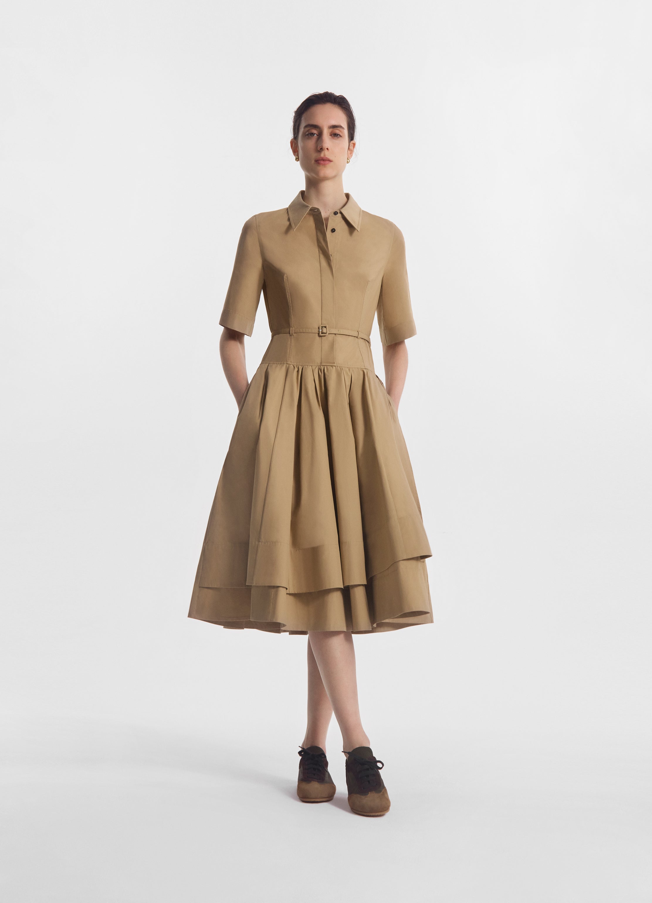 Co Short-Sleeve Belted A-line Dress, Camel, Women's, XS