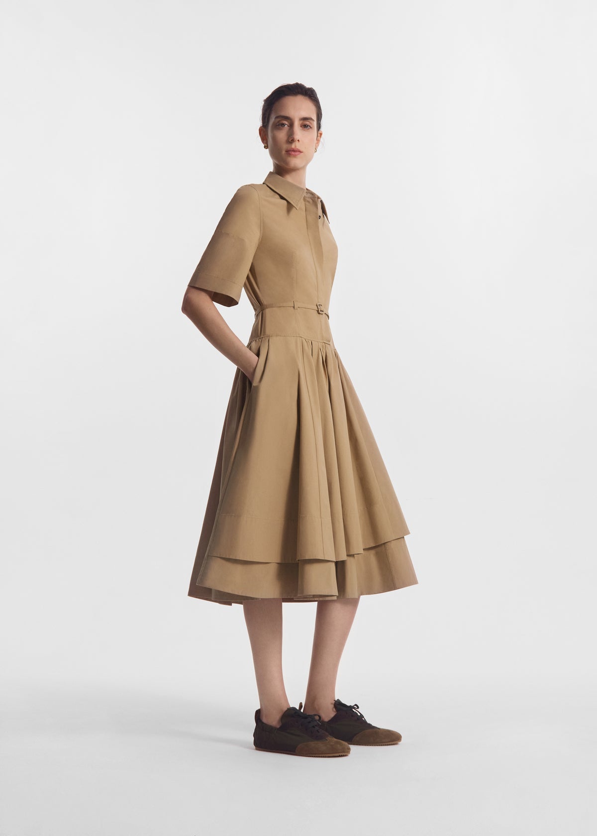 Short Sleeve Belted Dress in Cotton Poplin - Camel, image 2 of 3