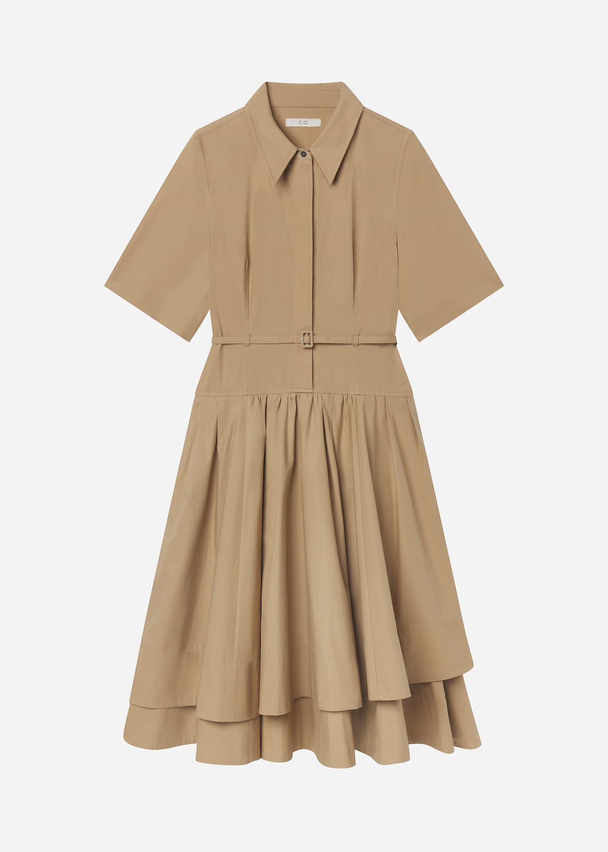 Short Sleeve Belted Dress in Cotton Poplin - Camel, image 3 of 3