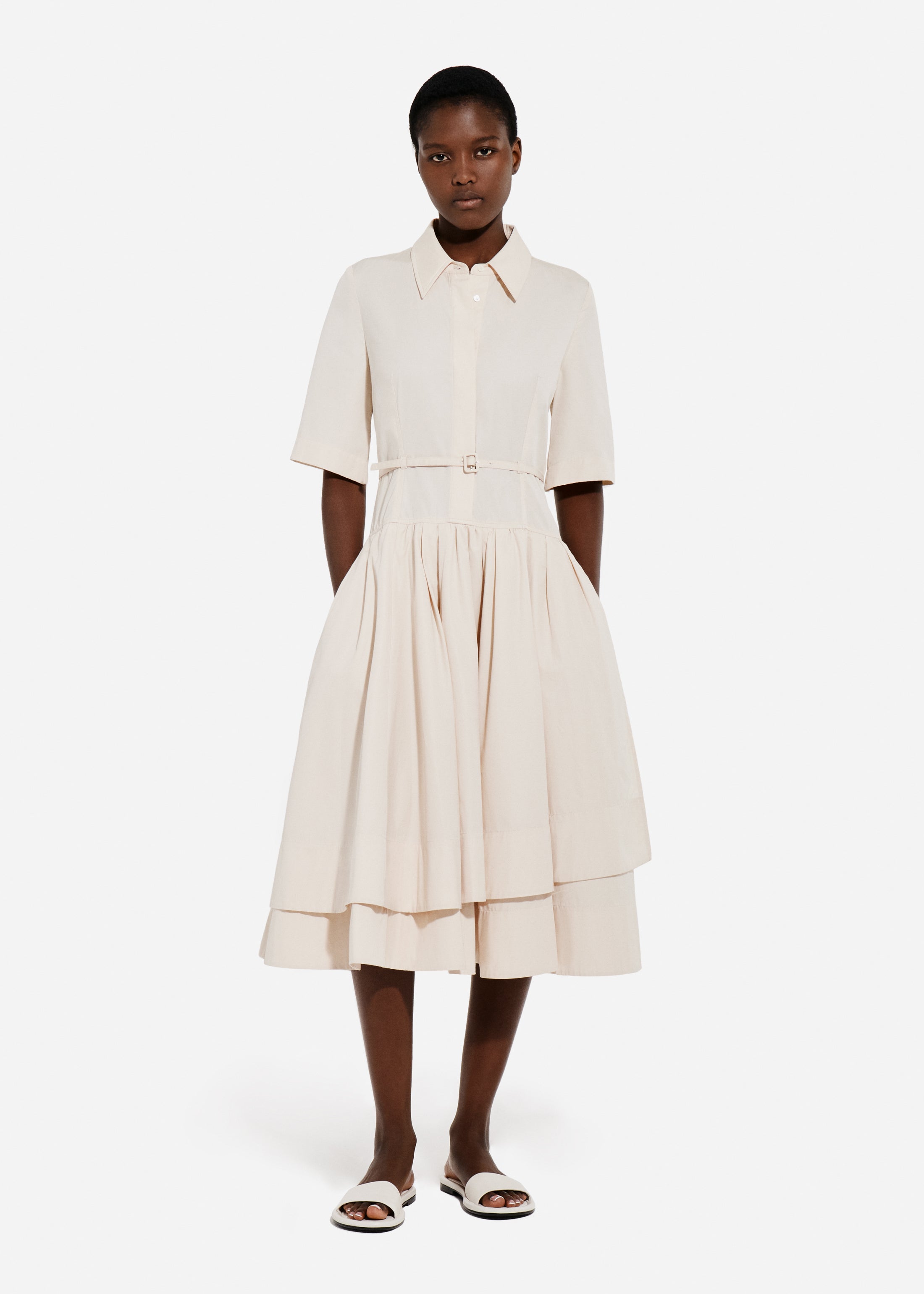 Short Sleeve Belted Dress in Cotton Poplin - Whisper Pink