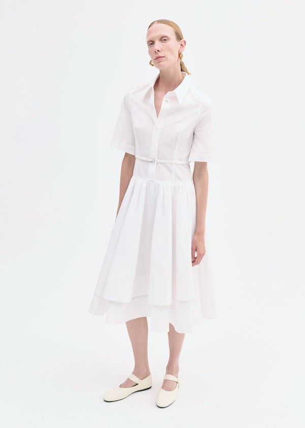 Short Sleeve Belted Dress in Cotton Poplin - White - CO