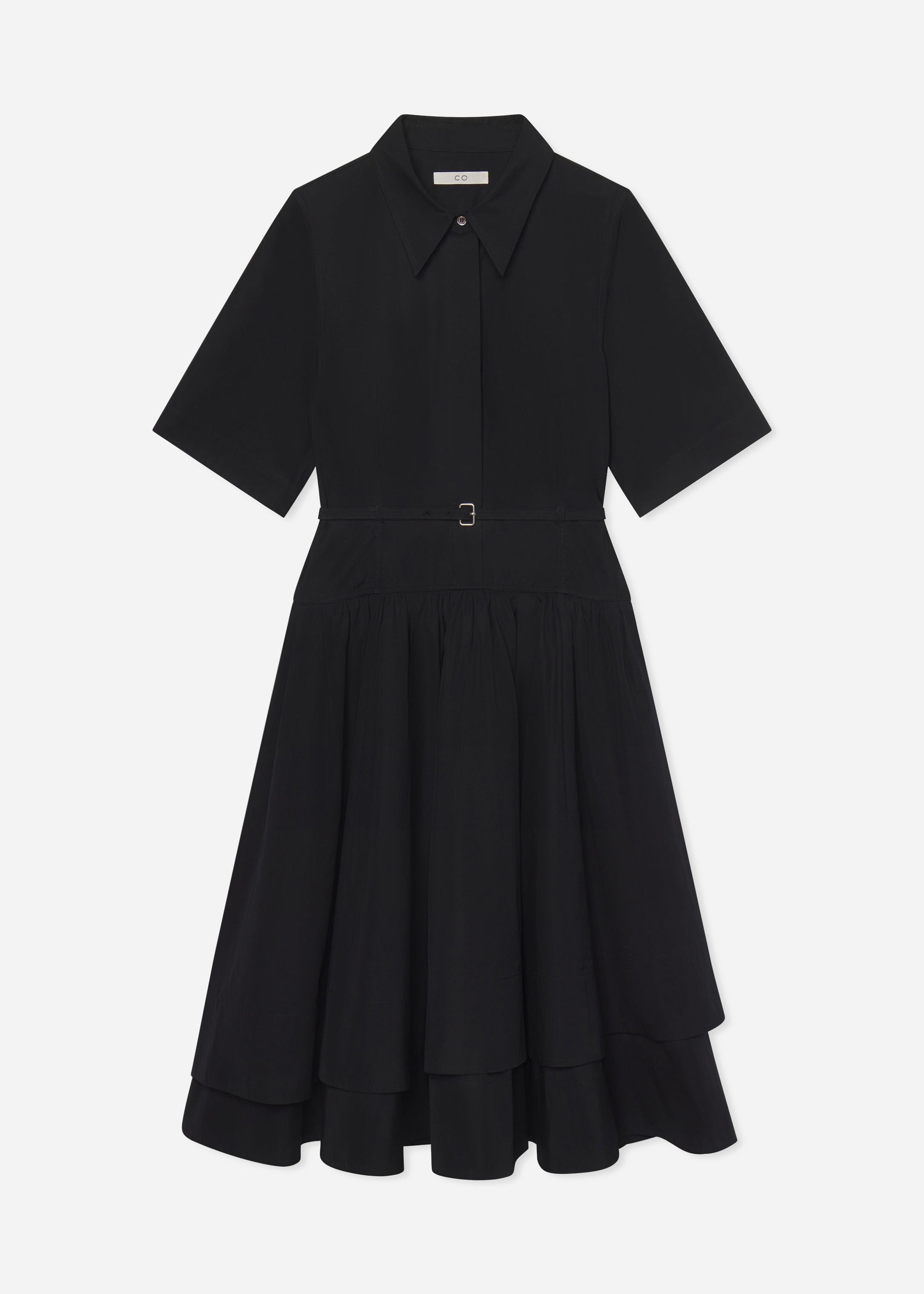 Short Sleeve Belted Dress in Cotton Poplin -  Black