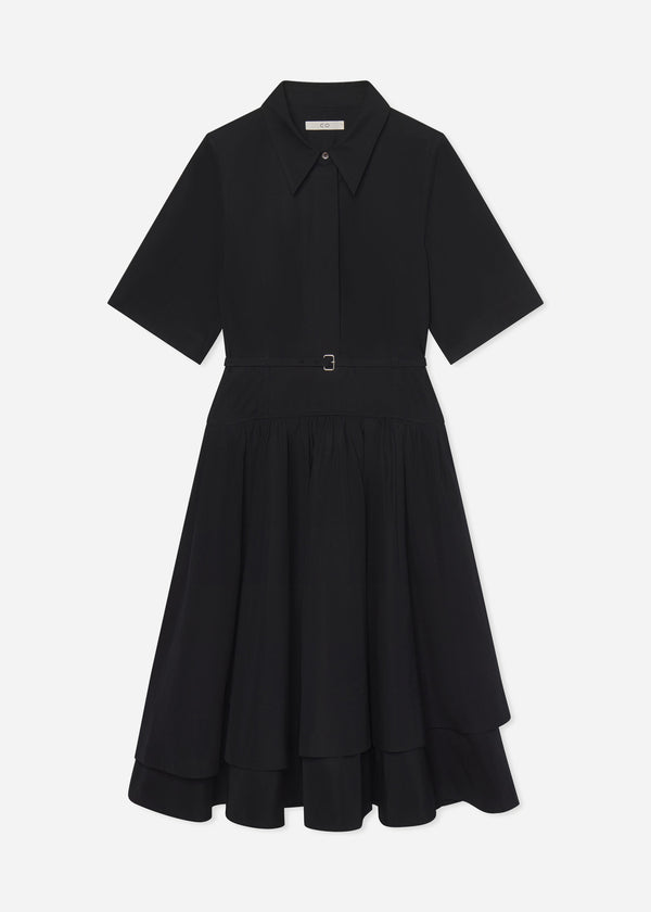 Short Sleeve Belted Dress in Cotton Poplin -  Black - CO