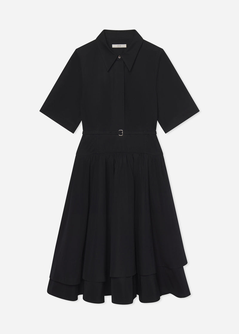 Short Sleeve Belted Dress in Cotton Poplin -  Black - CO