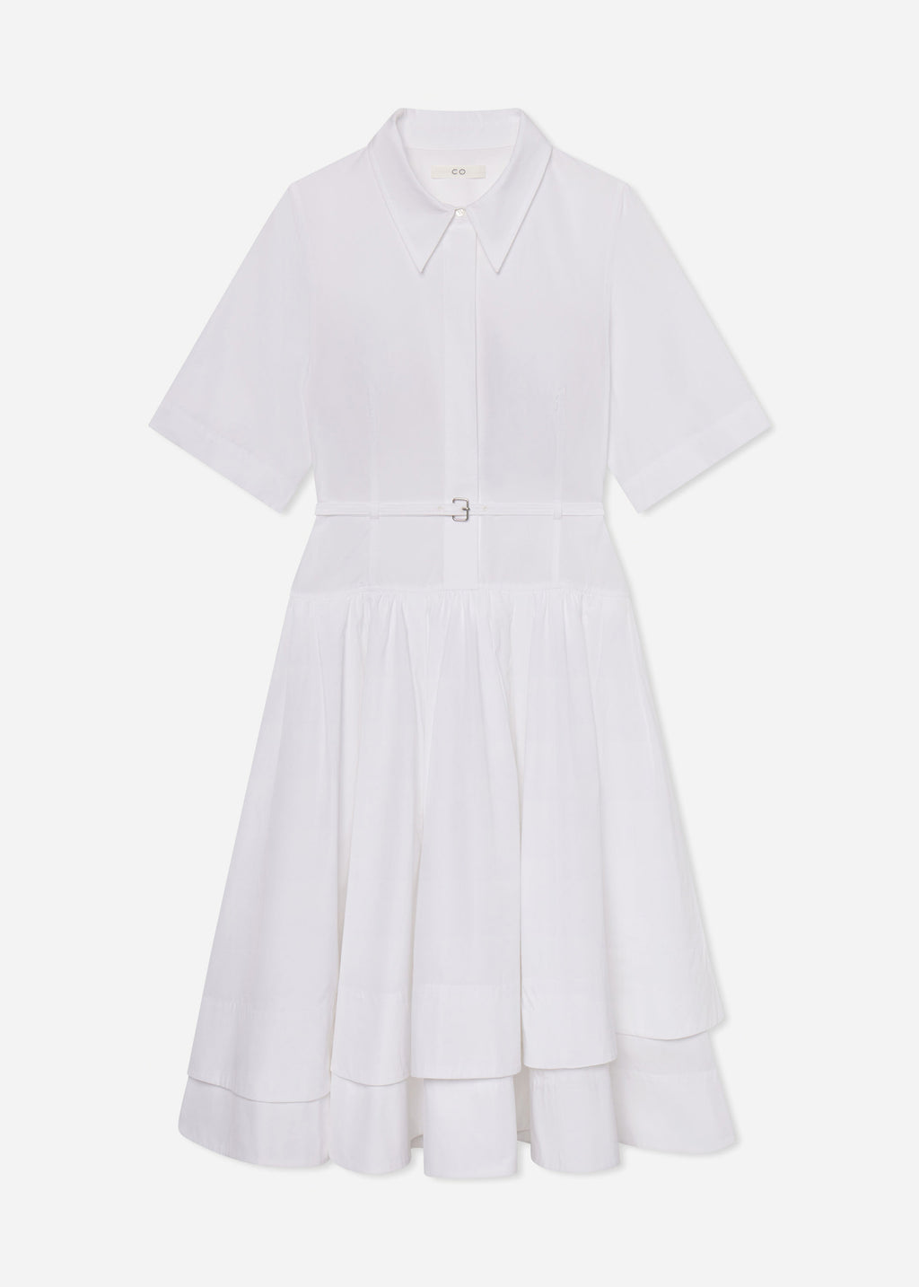 Short Sleeve Belted Dress in Cotton Poplin - White - CO
