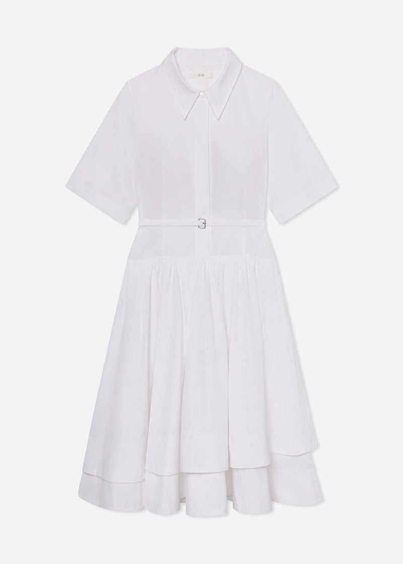 Short Sleeve Belted Dress in Cotton Poplin - White - CO