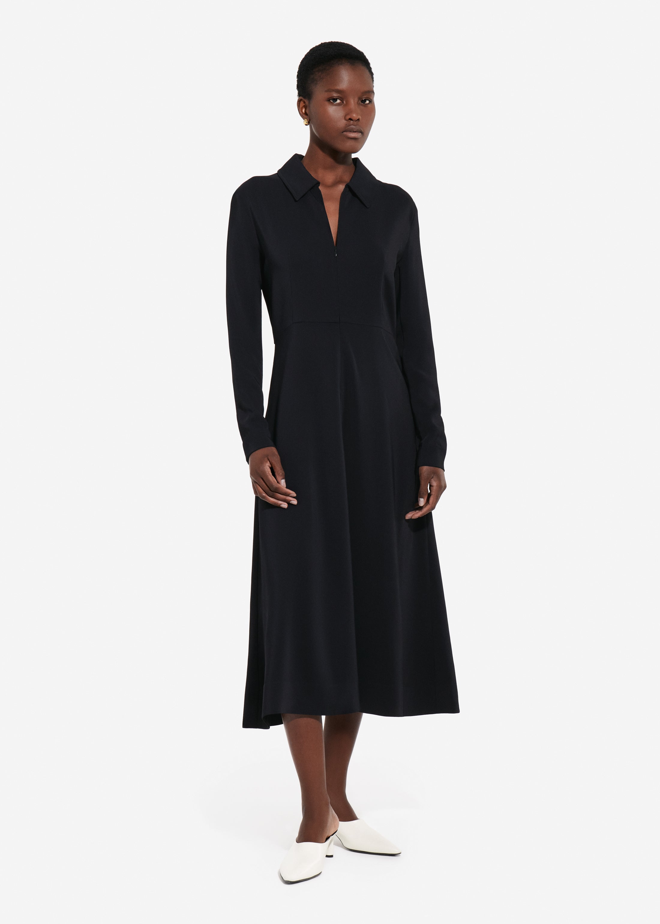Long Sleeve Shirt Dress in Crepe -  Black