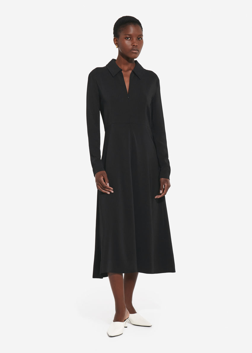 Long Sleeve Shirt Dress in Crepe - Black