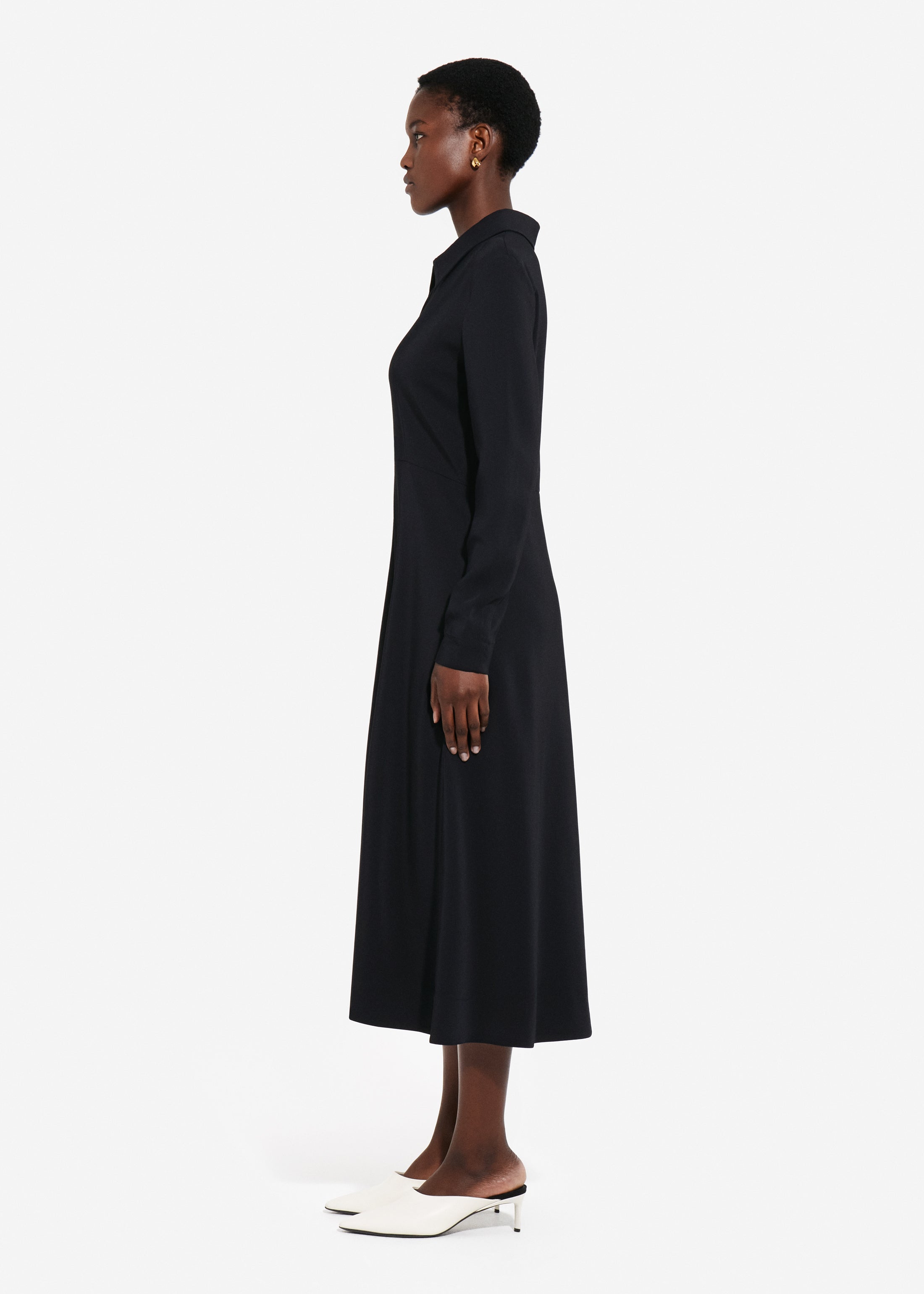 Long Sleeve Shirt Dress in Crepe -  Black
