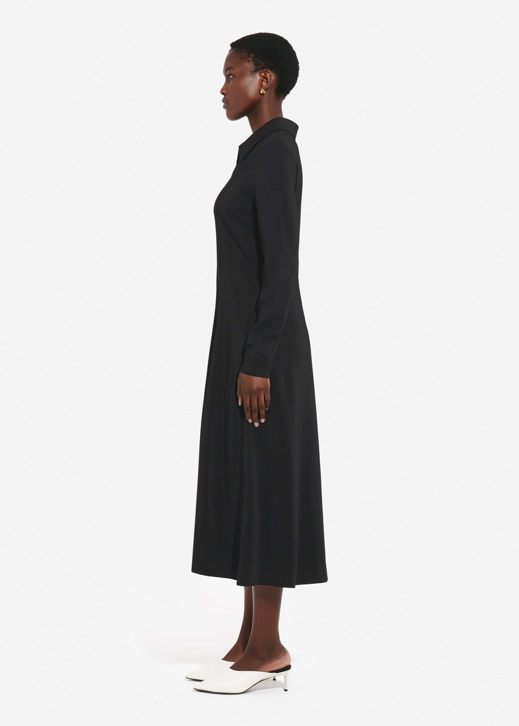 Long Sleeve Shirt Dress in Crepe -  Black