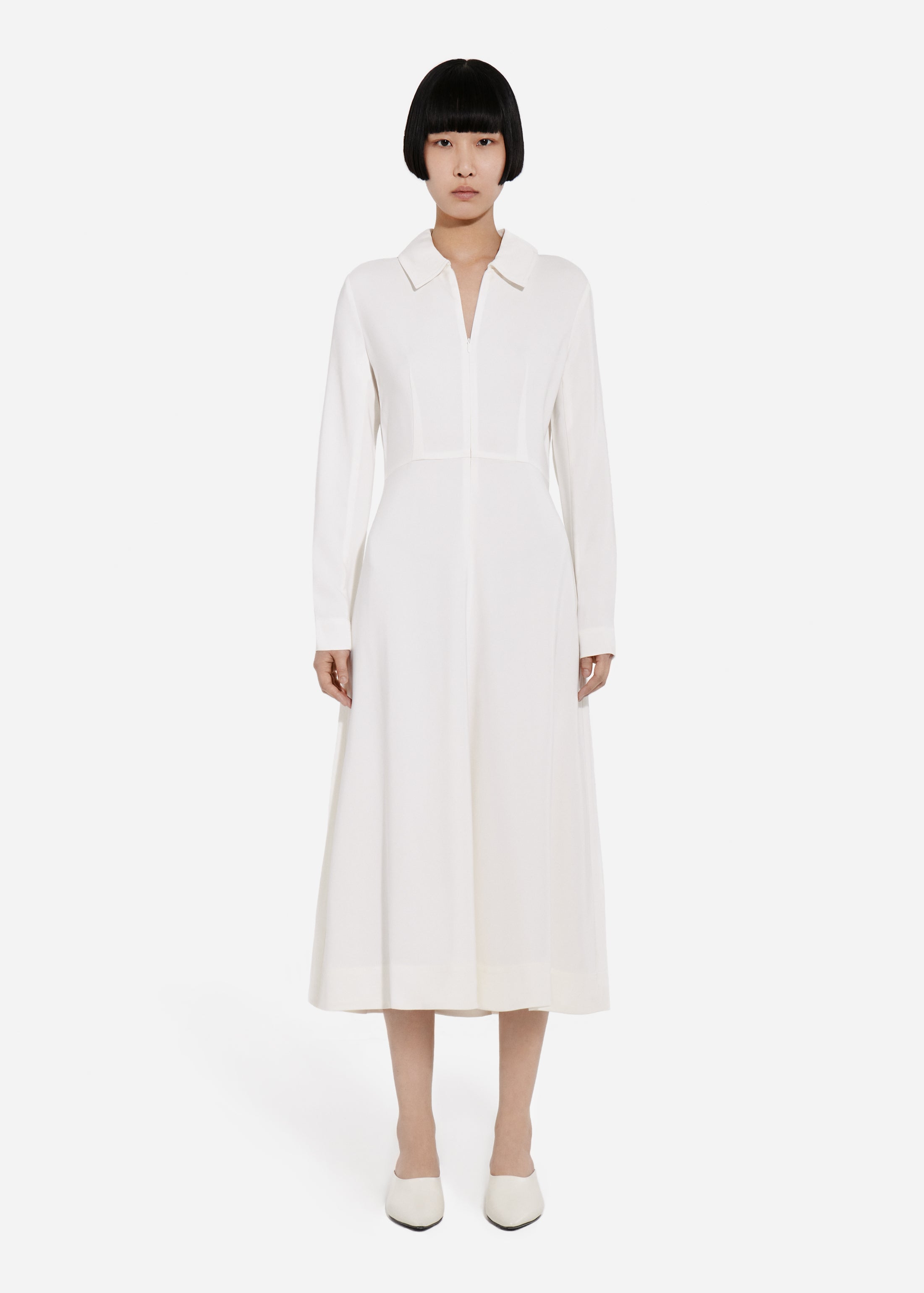 Long Sleeve Shirt Dress in Crepe - Ivory