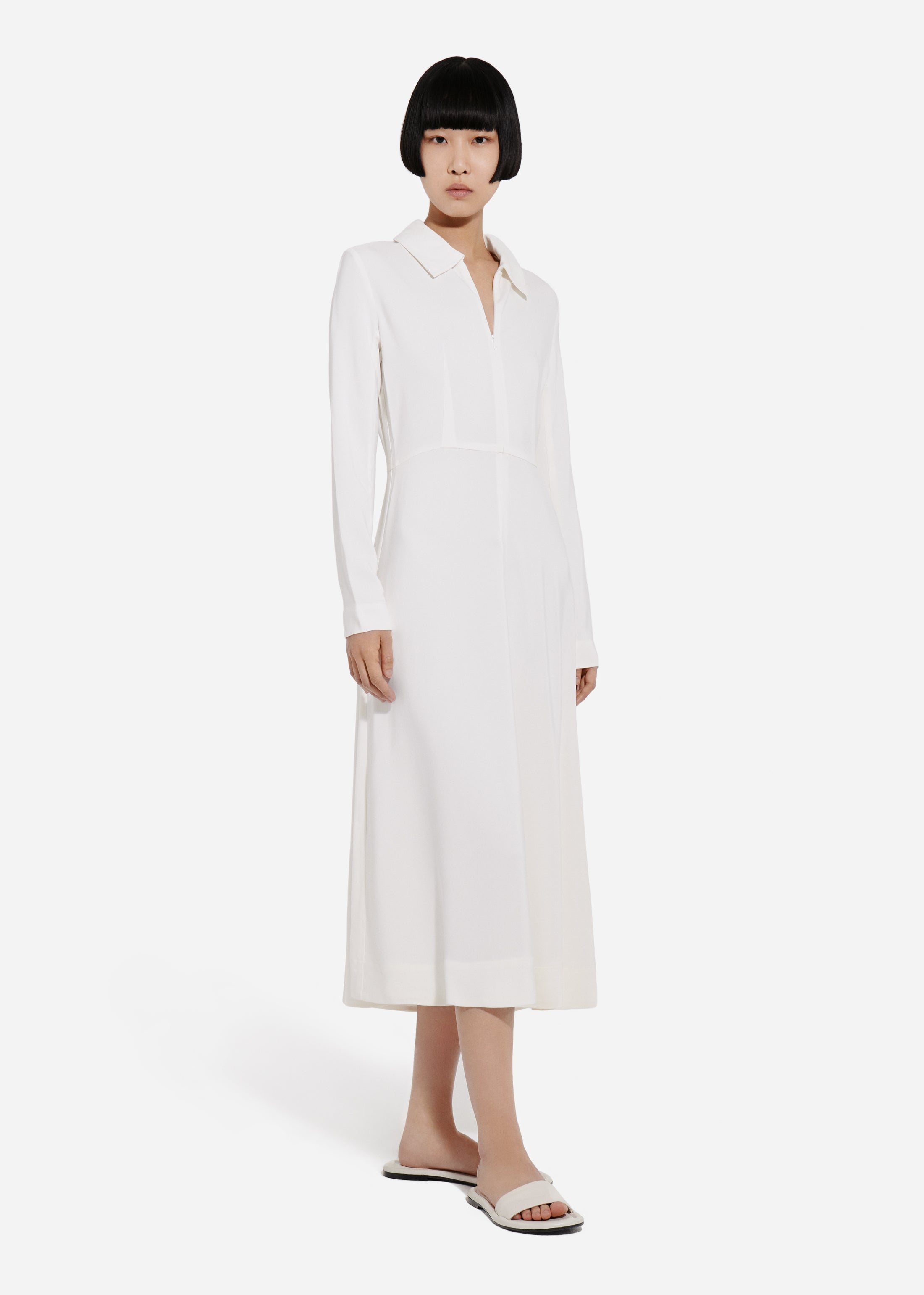 Long Sleeve Shirt Dress in Crepe - Ivory