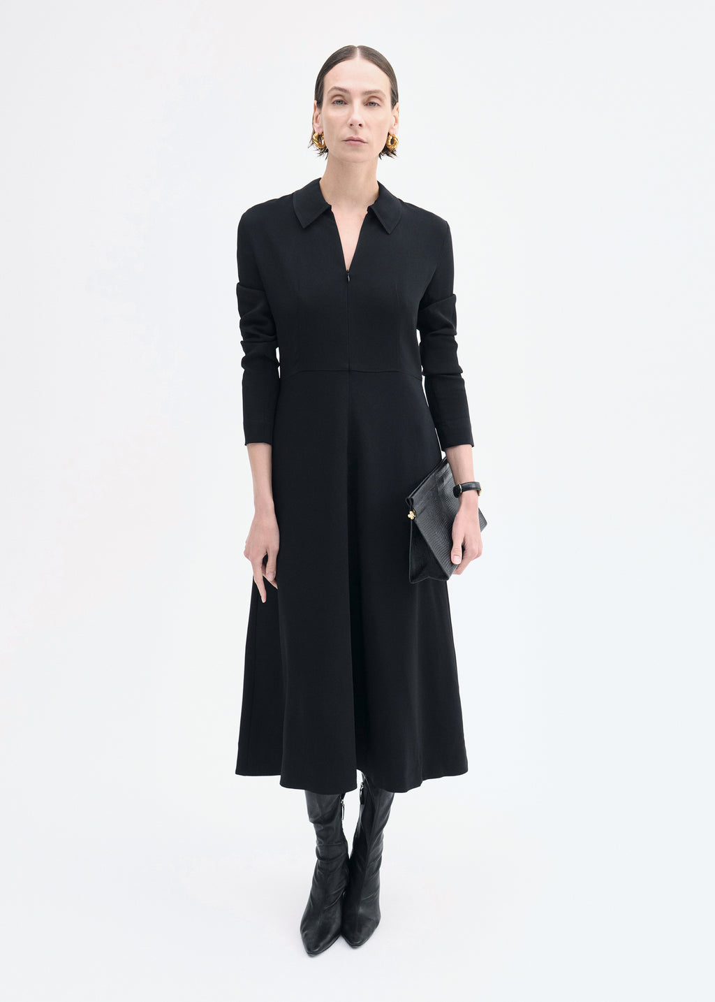 Long Sleeve Shirt Dress in Crepe -  Black - CO