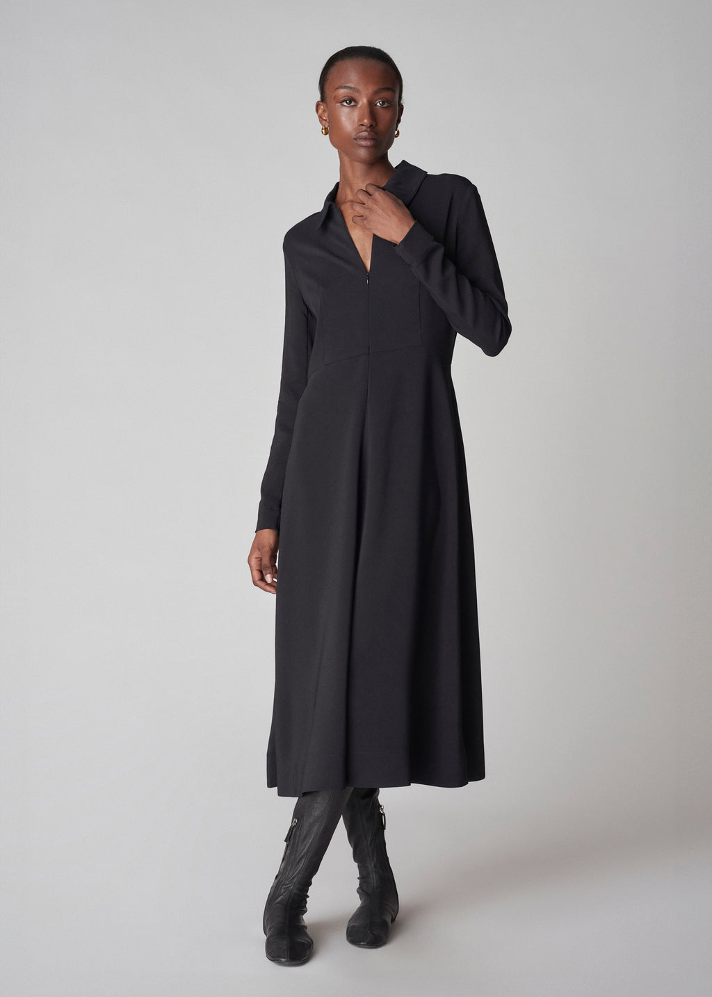 Long Sleeve Shirt Dress in Crepe  - Black - CO