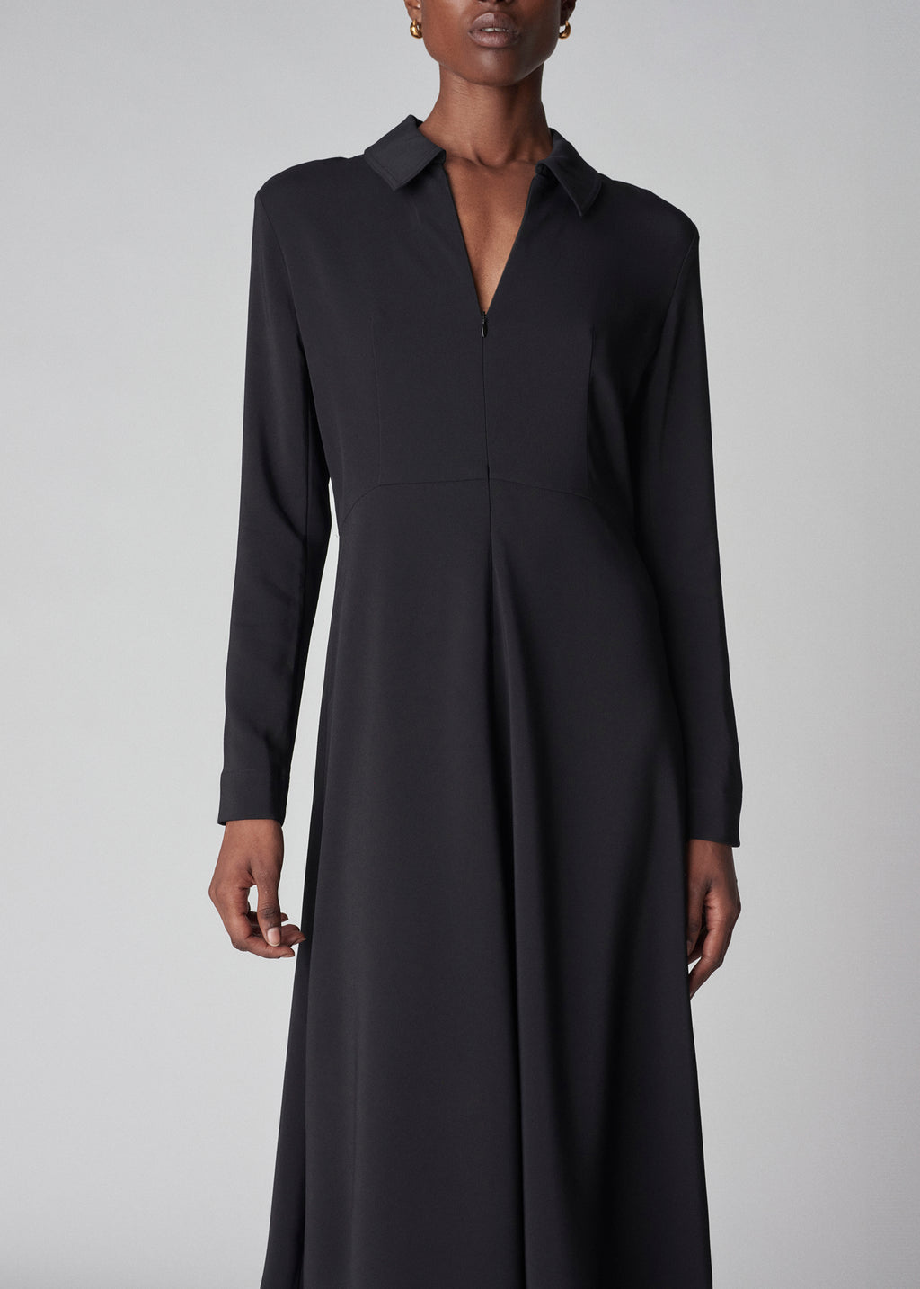 Long Sleeve Shirt Dress in Crepe  - Black - CO