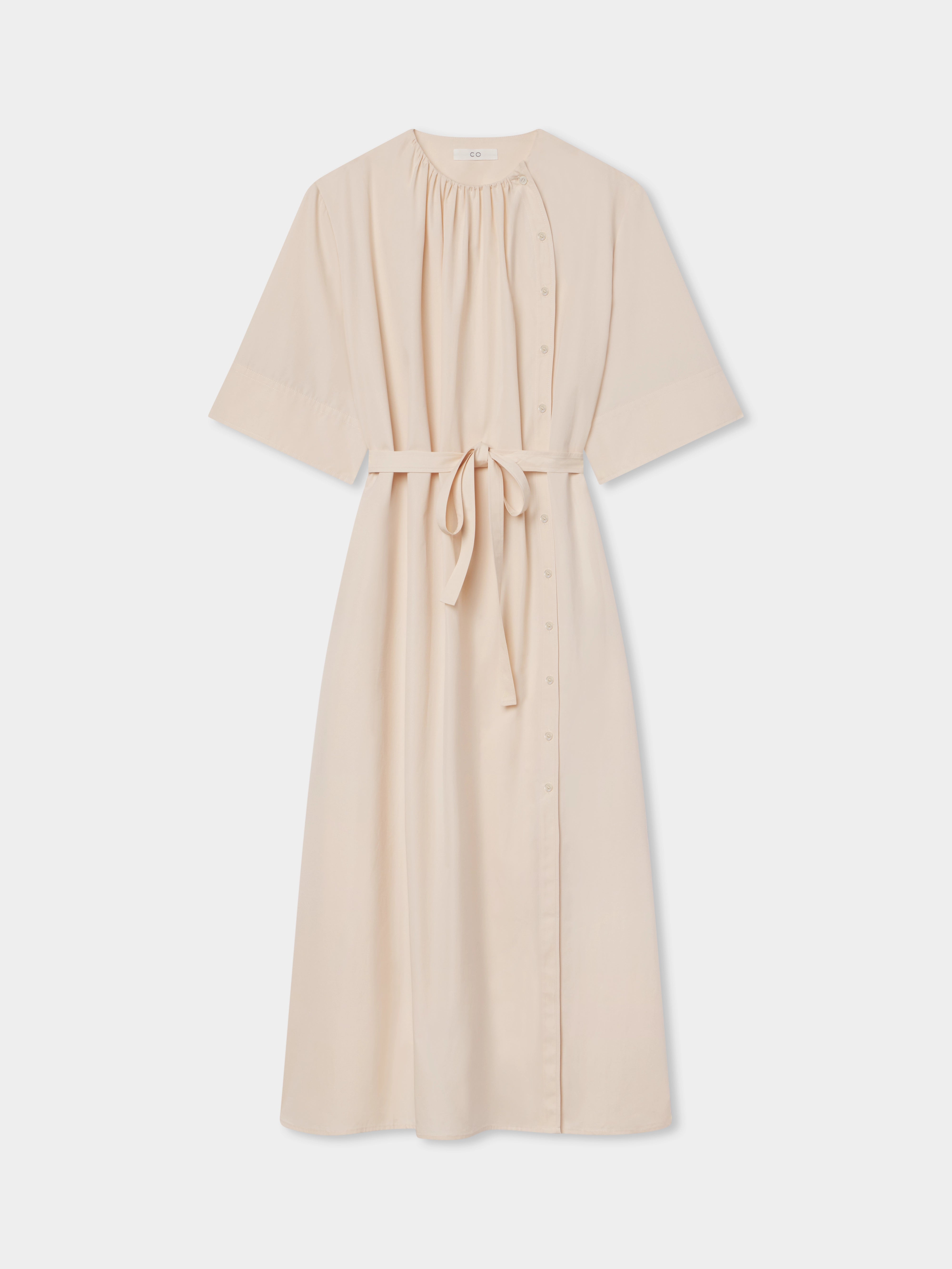 Gathered Belted Dress in Cotton Poplin - Pink