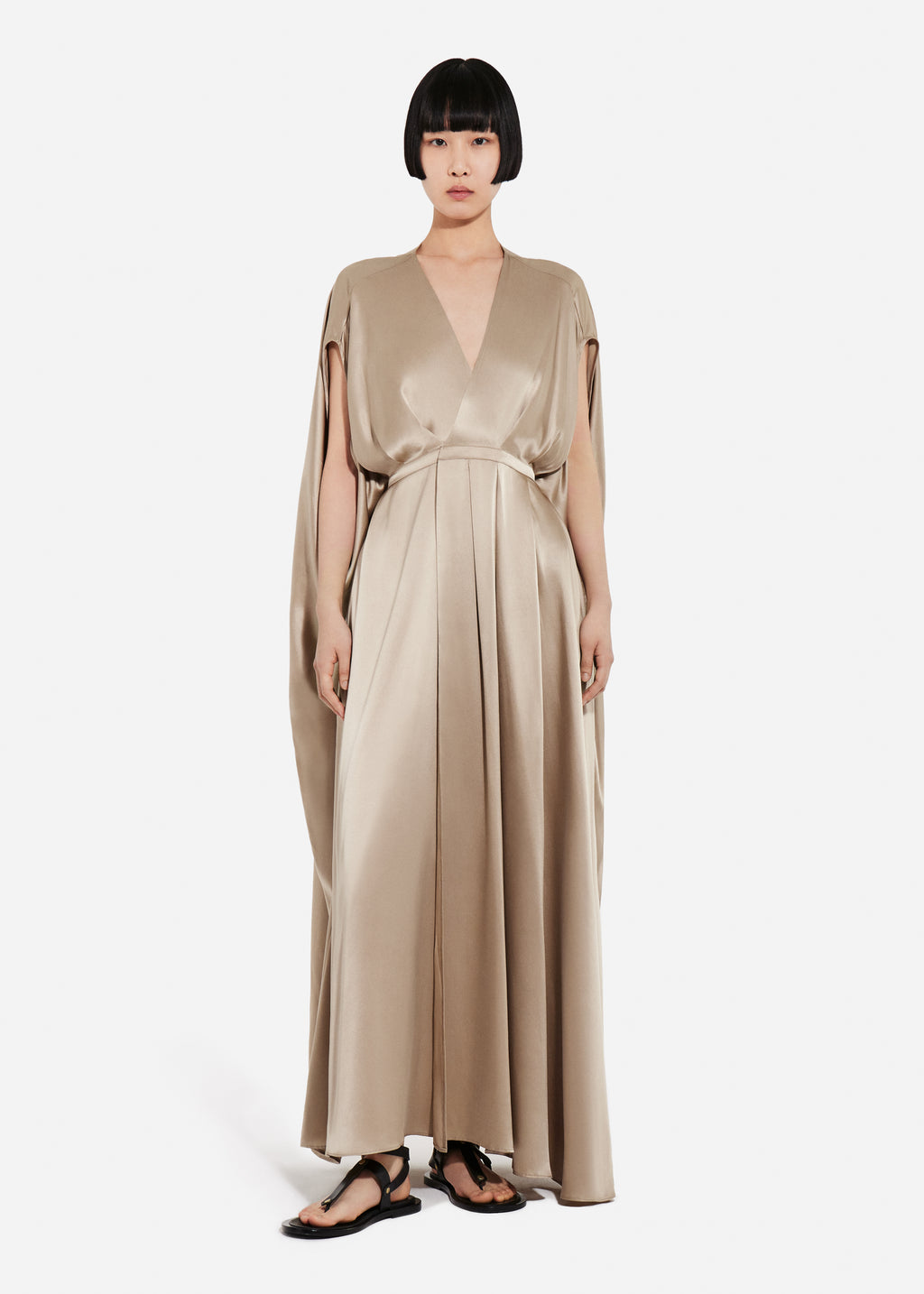 Caped Back Dress in Silk Charmeuse - Sesame - CO
