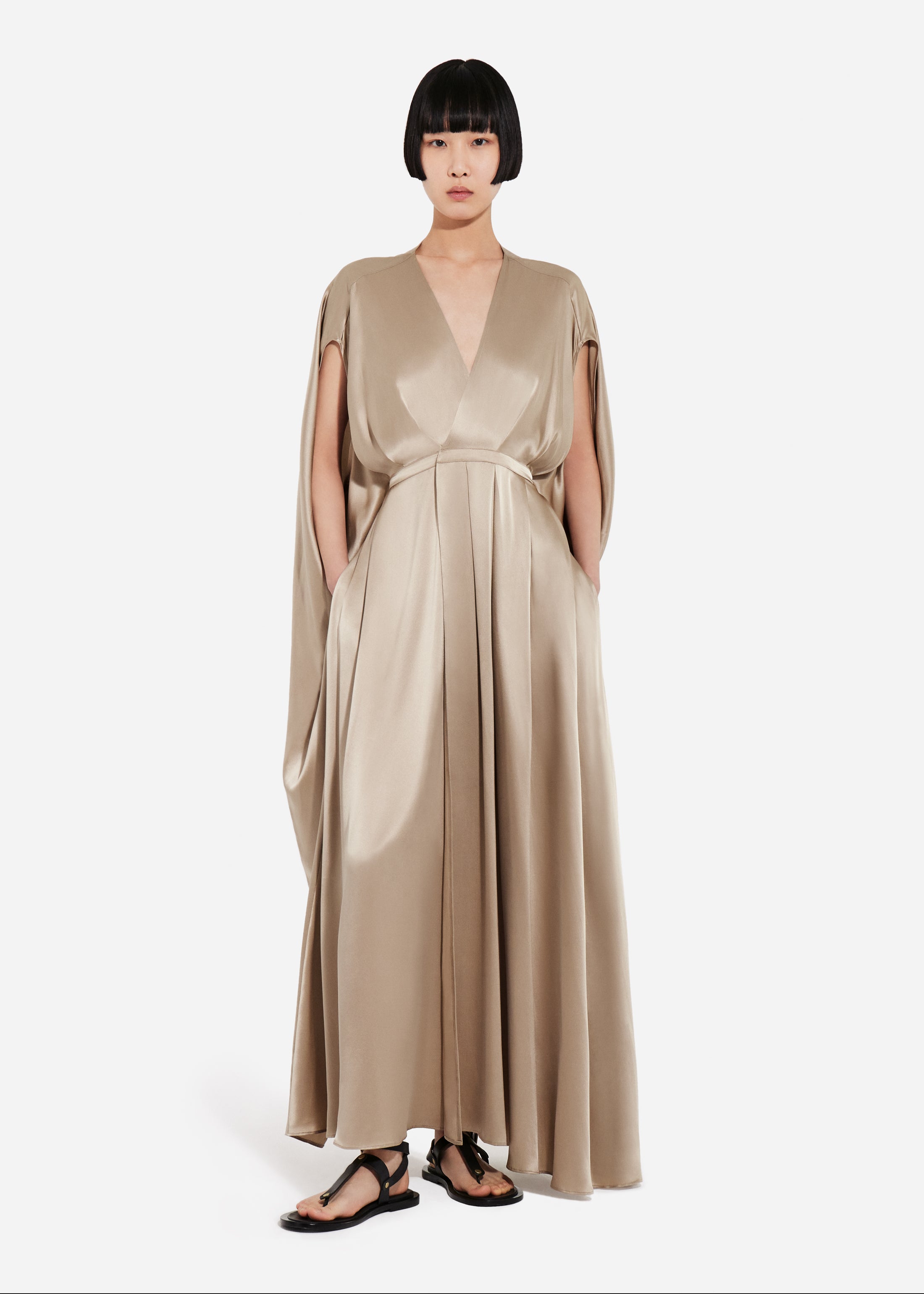 Caped Back Dress in Silk Charmeuse - Sesame