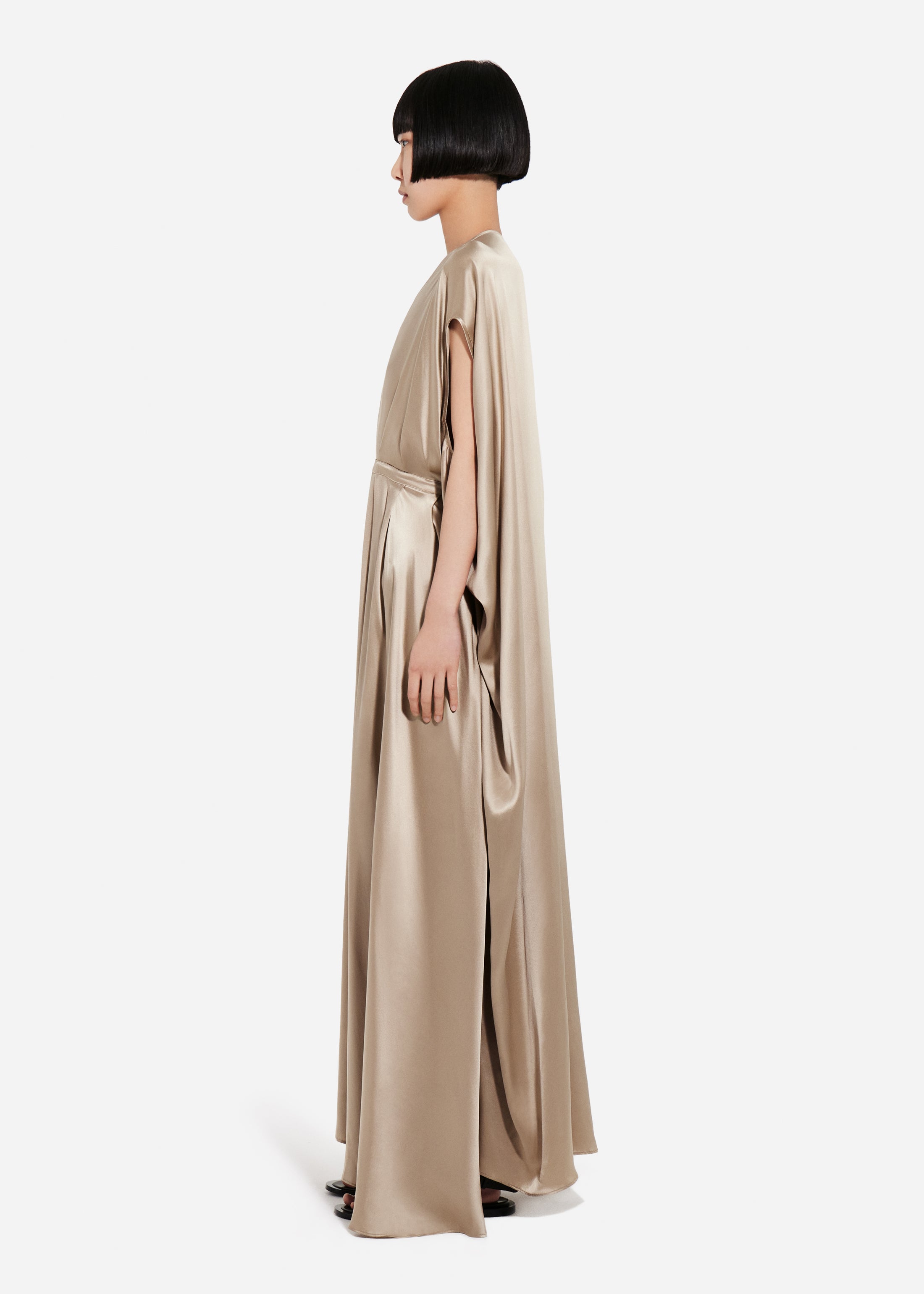 Caped Back Dress in Silk Charmeuse - Sesame