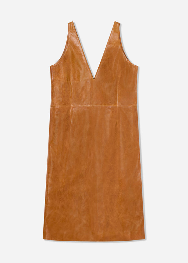 Leather V-Neck Dress - Cognac - CO