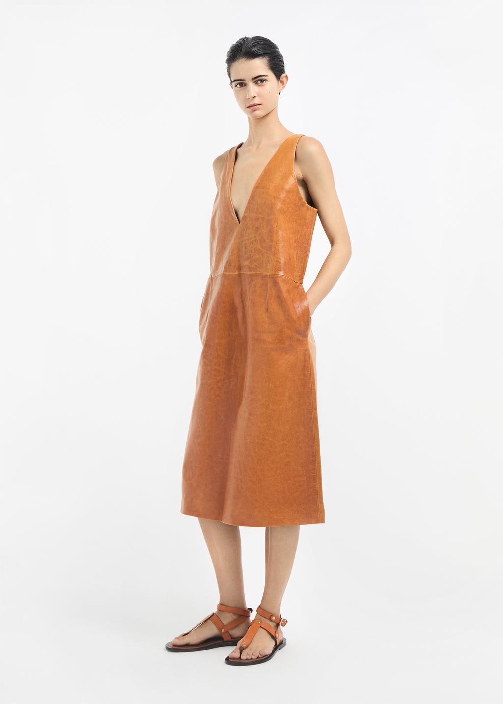 Leather V-Neck Dress - Cognac - CO