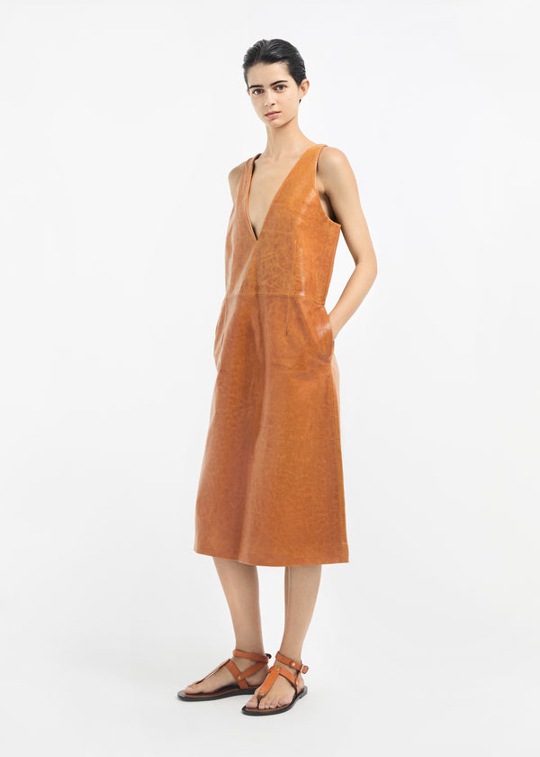 Leather V-Neck Dress - Cognac - CO