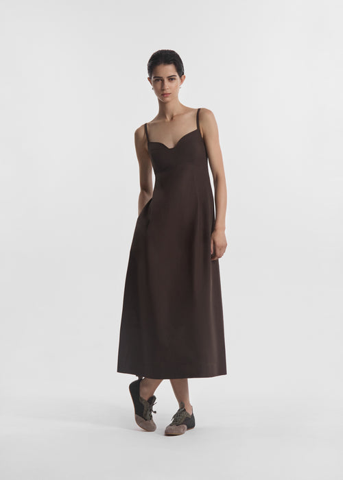 Bustier Midi Dress in Cotton Poplin - Chocolate - CO