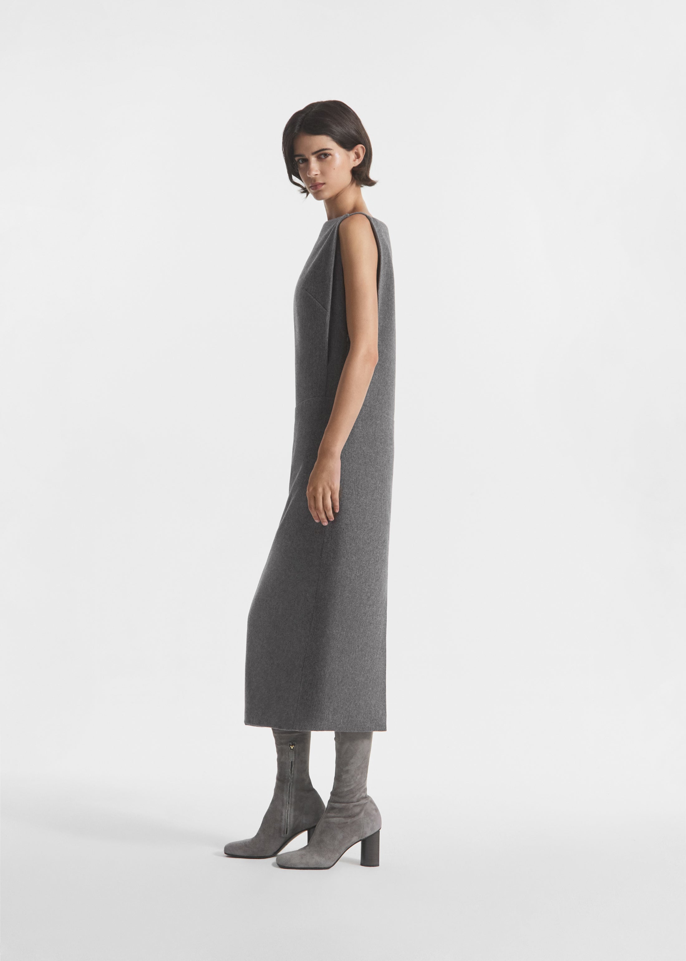 Bateau Shift Dress in Wool Cashmere - Grey Melange, image 2 of 5