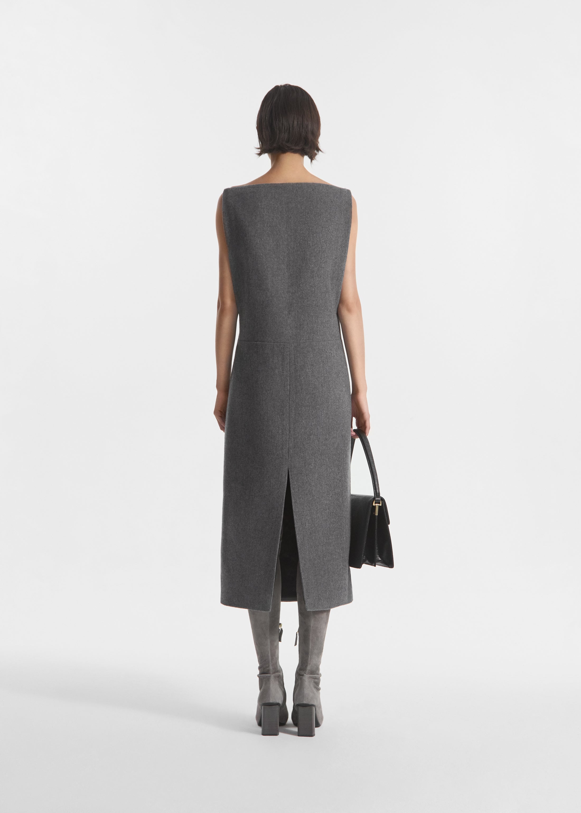 Bateau Shift Dress in Wool Cashmere - Grey Melange, image 3 of 5