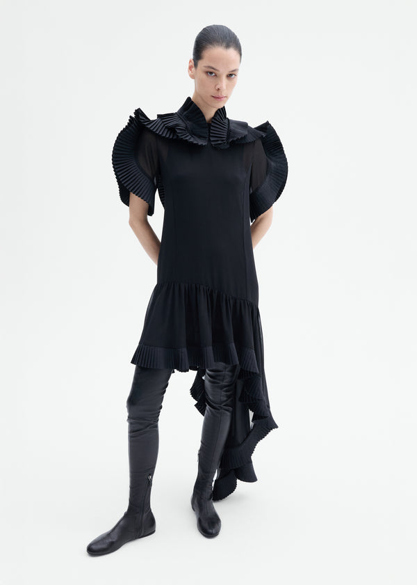 Asymmetric Pleated Georgette Dress - Black - CO