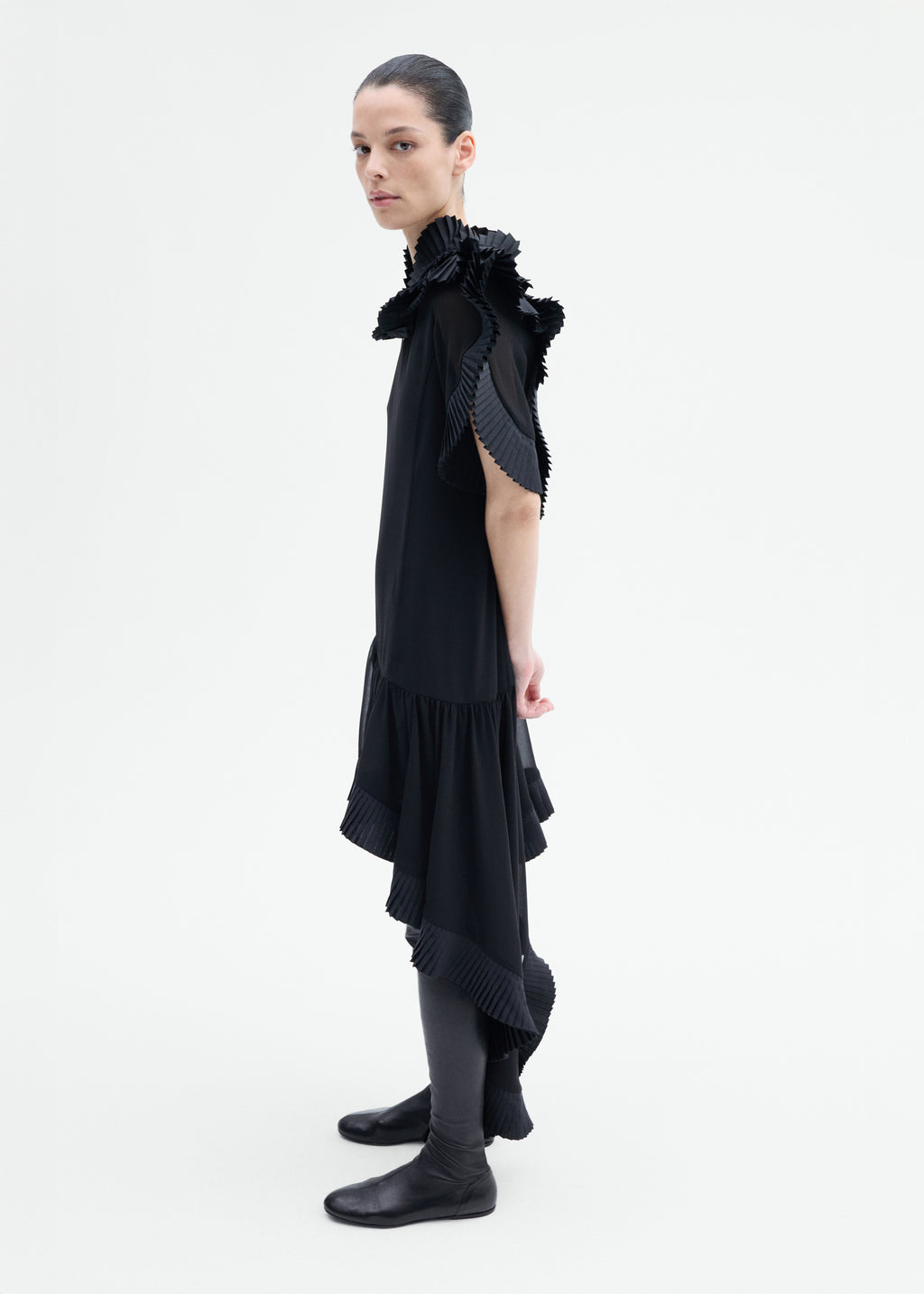 Asymmetric Pleated Georgette Dress - Black - CO