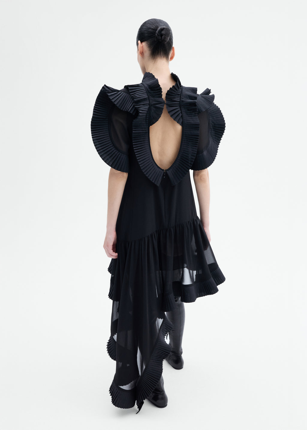 Asymmetric Pleated Georgette Dress - Black - CO