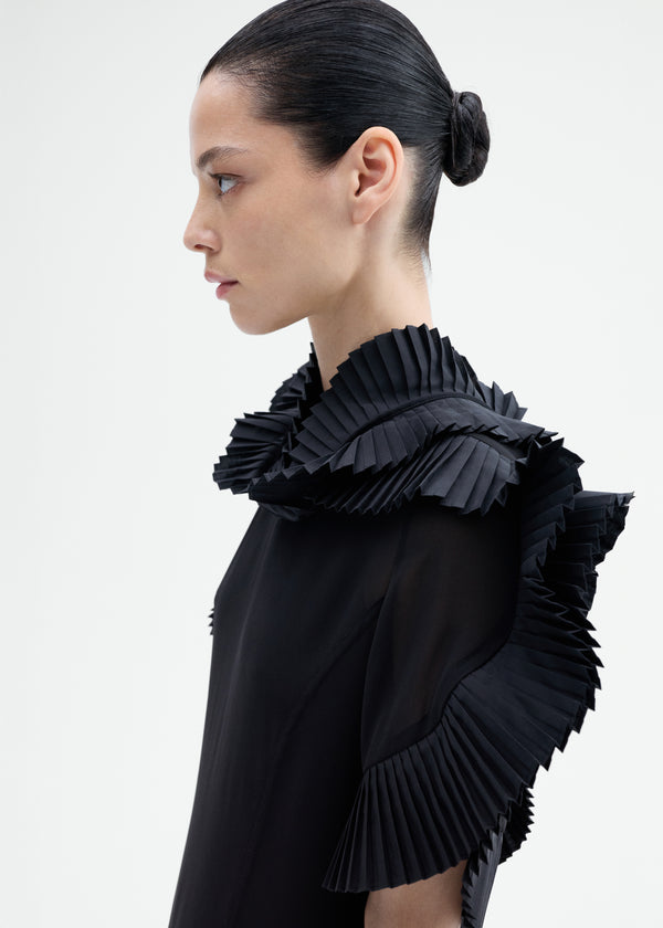 Pleated Ruffle Sheer Top in Georgette - Black - CO