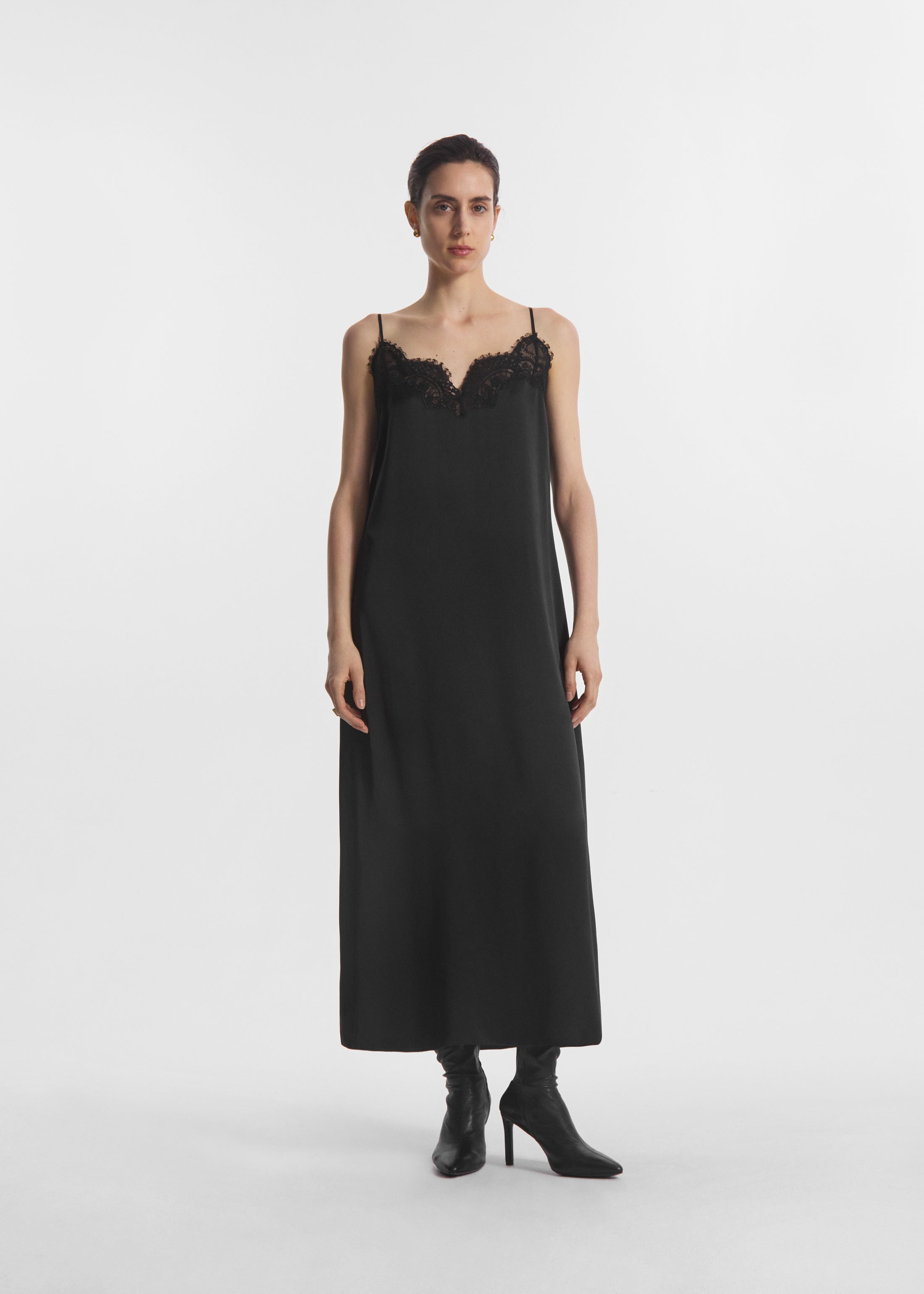 Lace Slip Dress in Silk - Black