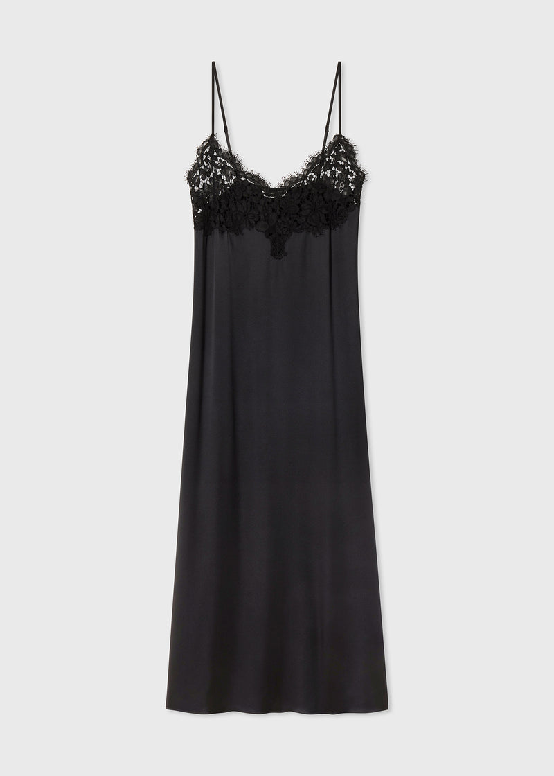 Lace Slip Dress in Silk Satin - Black - CO