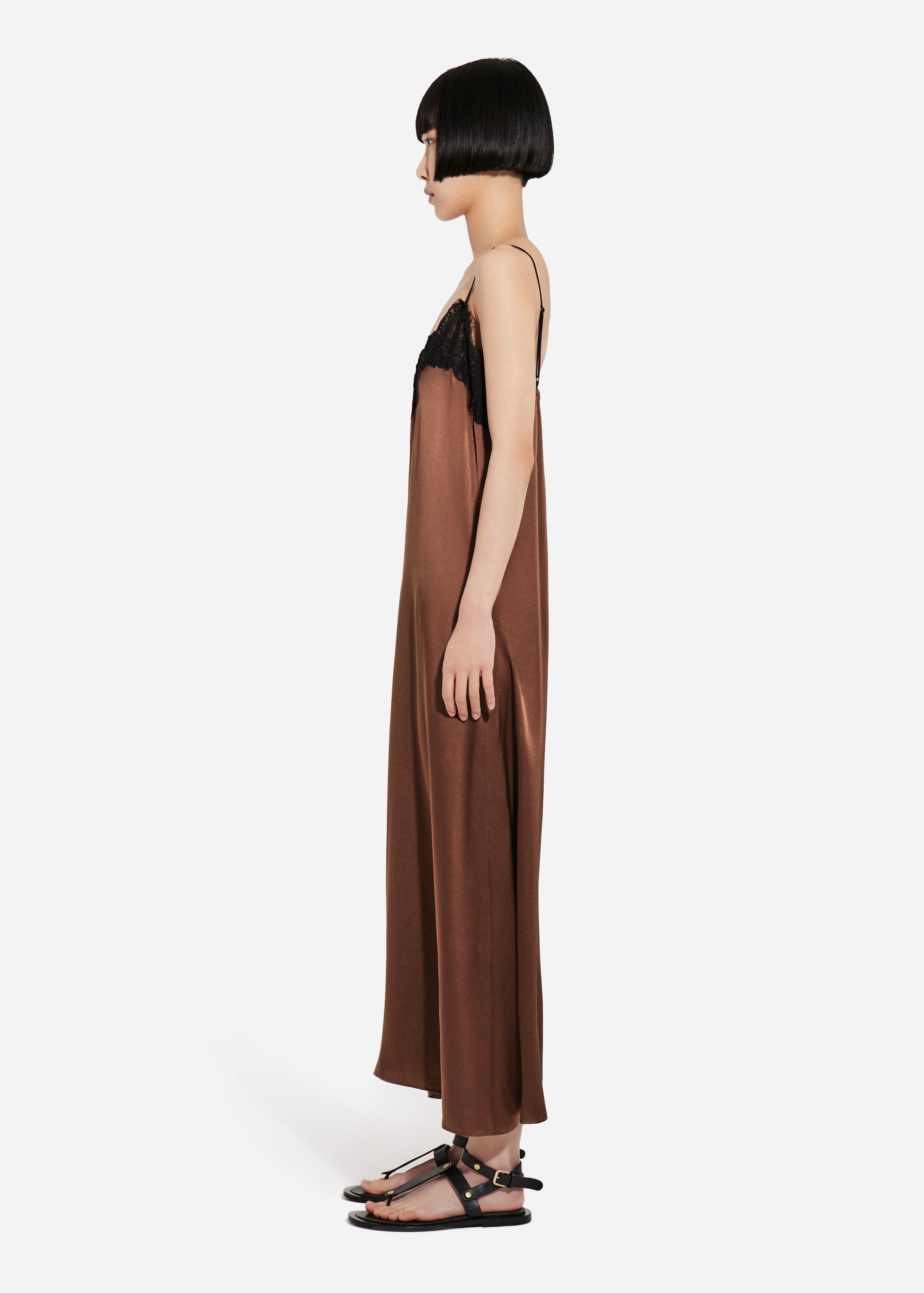 Lace Slip Dress in Silk - Chocolate