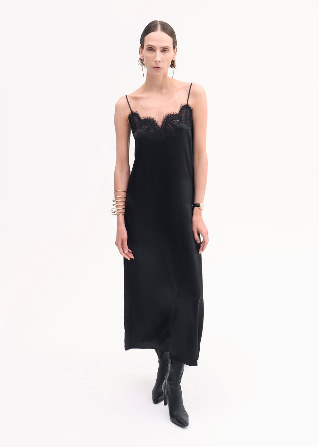 Lace Slip Dress in Silk Satin - Black - CO