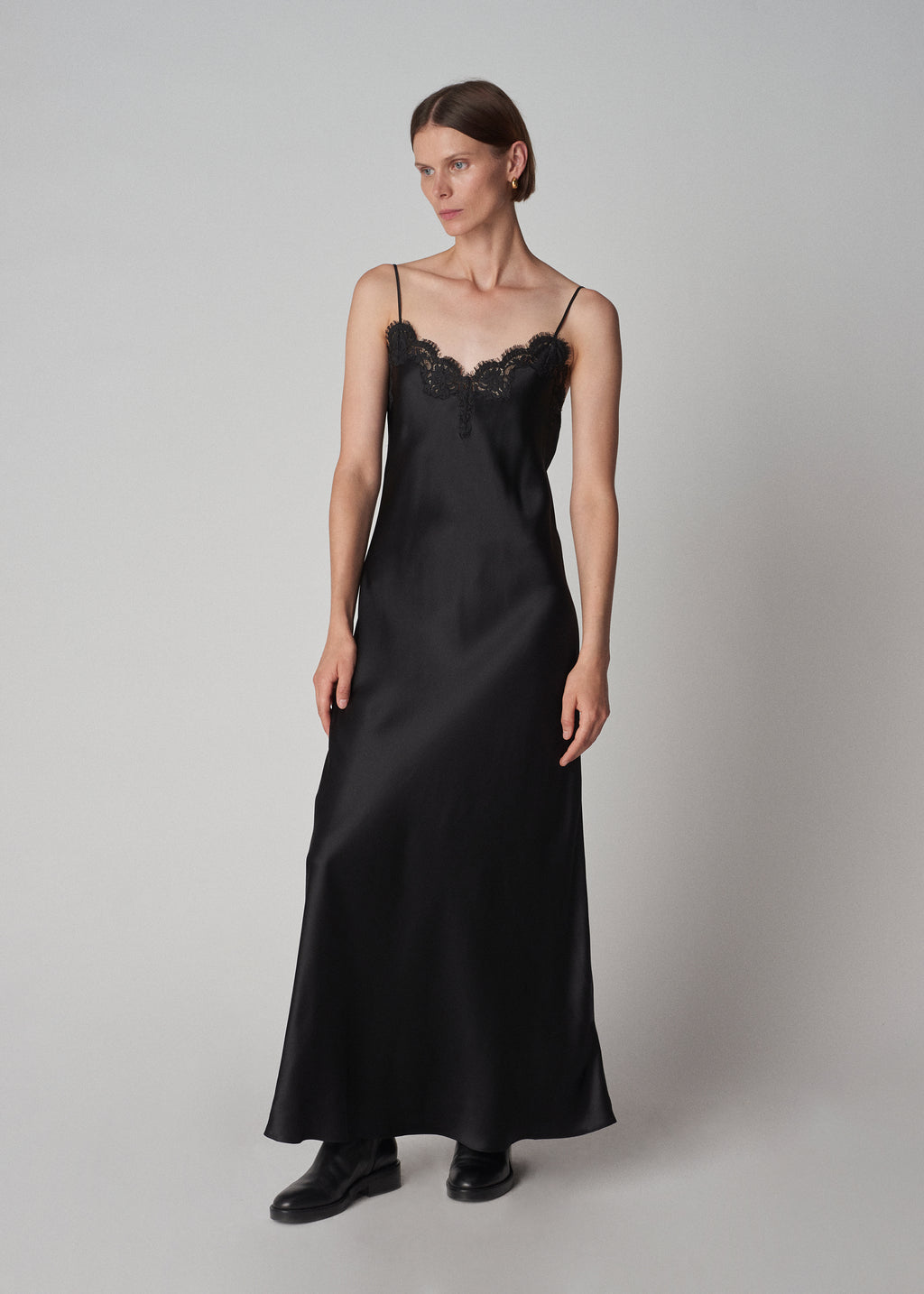 Lace Slip Dress in Silk Satin - Black - CO