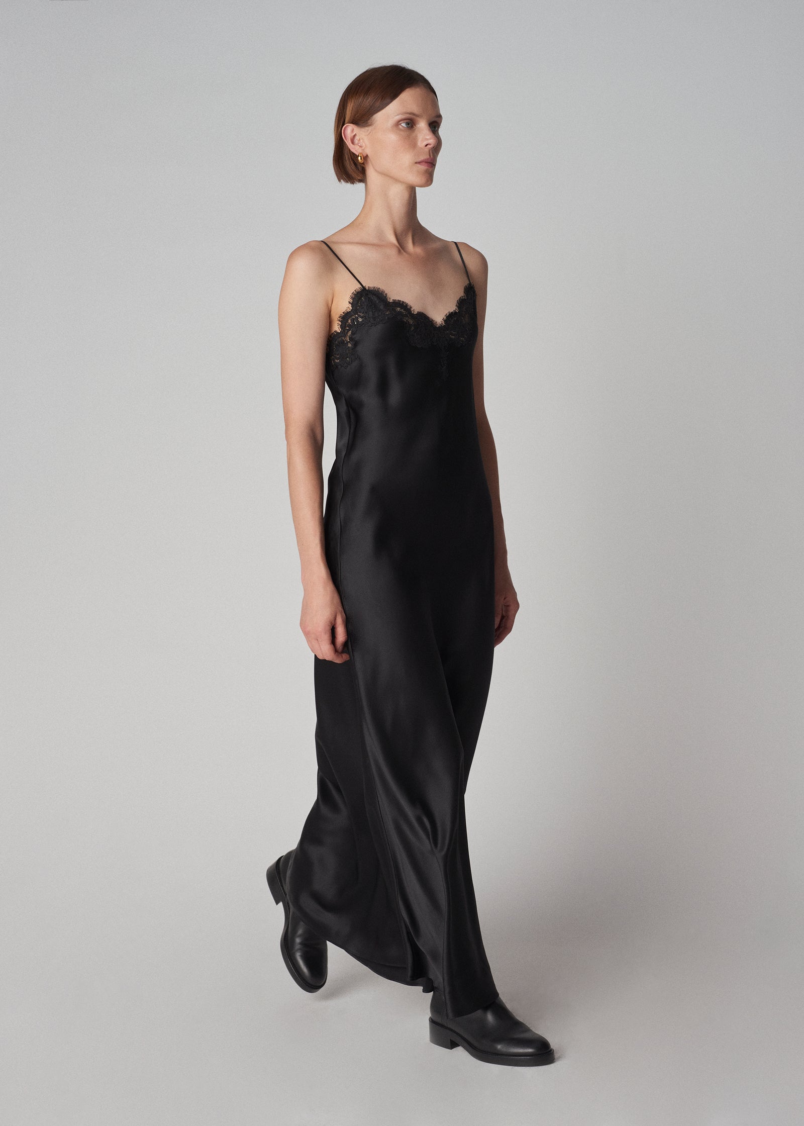 Lace Slip Dress in Silk Satin - Black - CO Collections