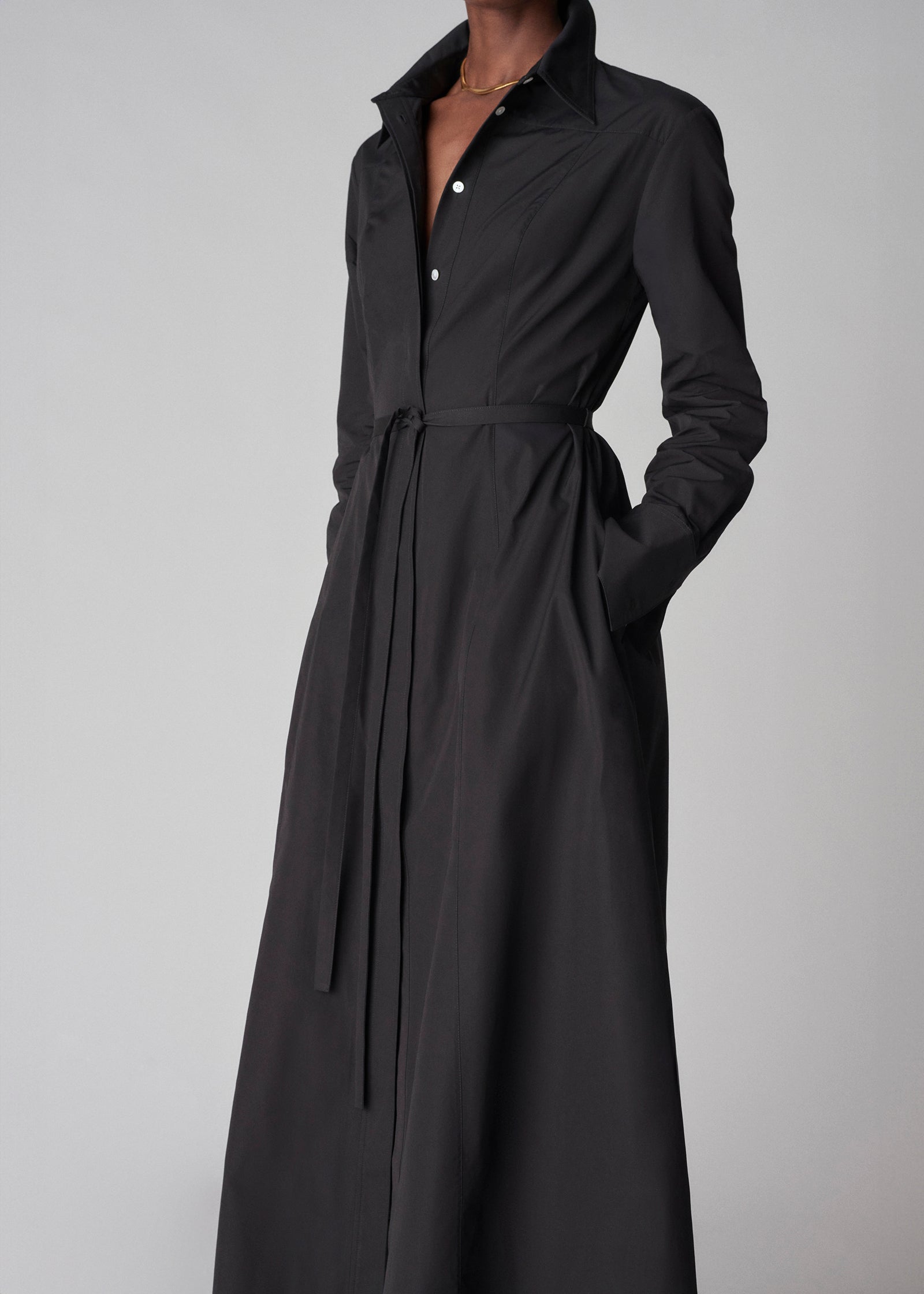 Long Sleeve Belted Shirt Dress - Black