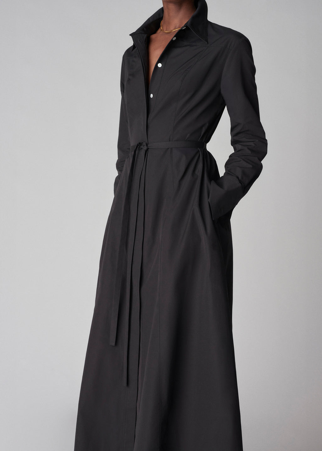 Long Sleeve Belted Shirt Dress - Black - CO