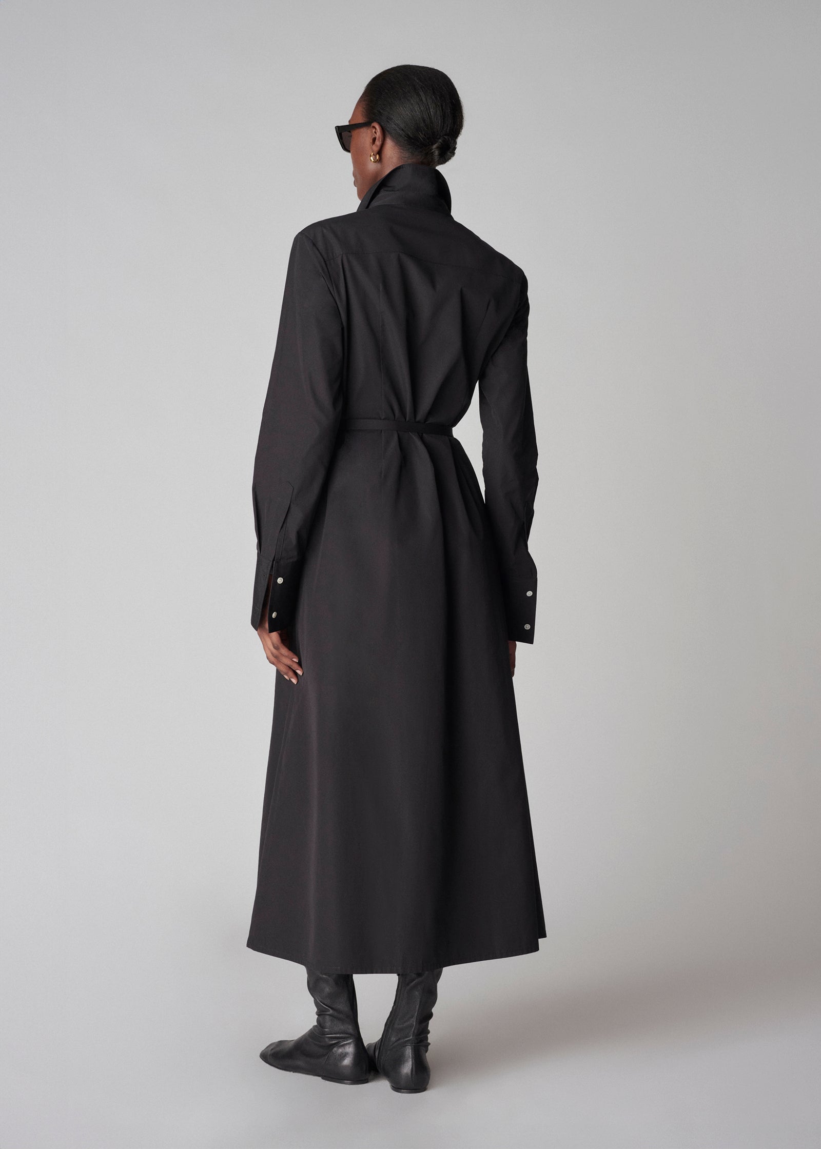 Long Sleeve Belted Shirt Dress - Black