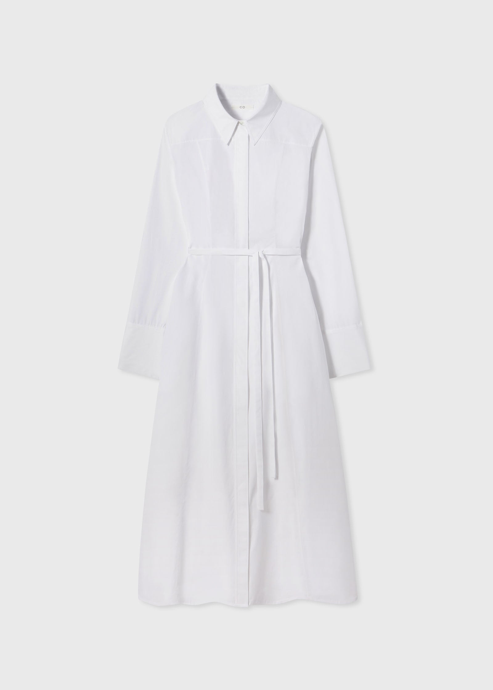 Long Sleeve Belted Shirt Dress - White