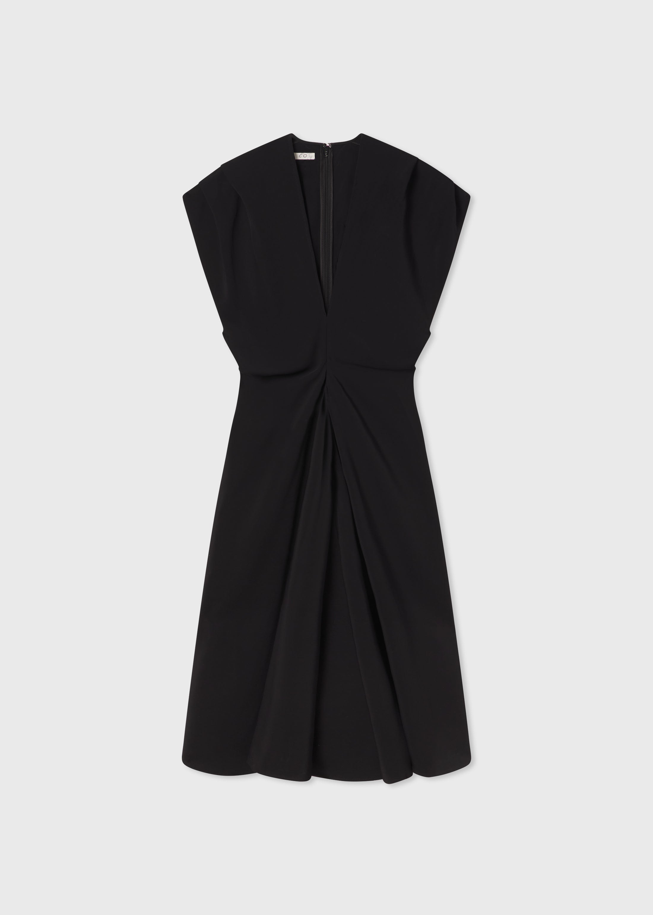 Draped Shoulder V-Neck Dress in Viscose - Black