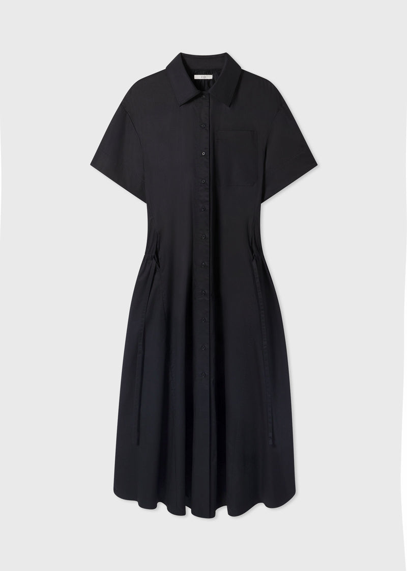 A-Line Gathered Waist Shirtdress in Cotton - Black - CO