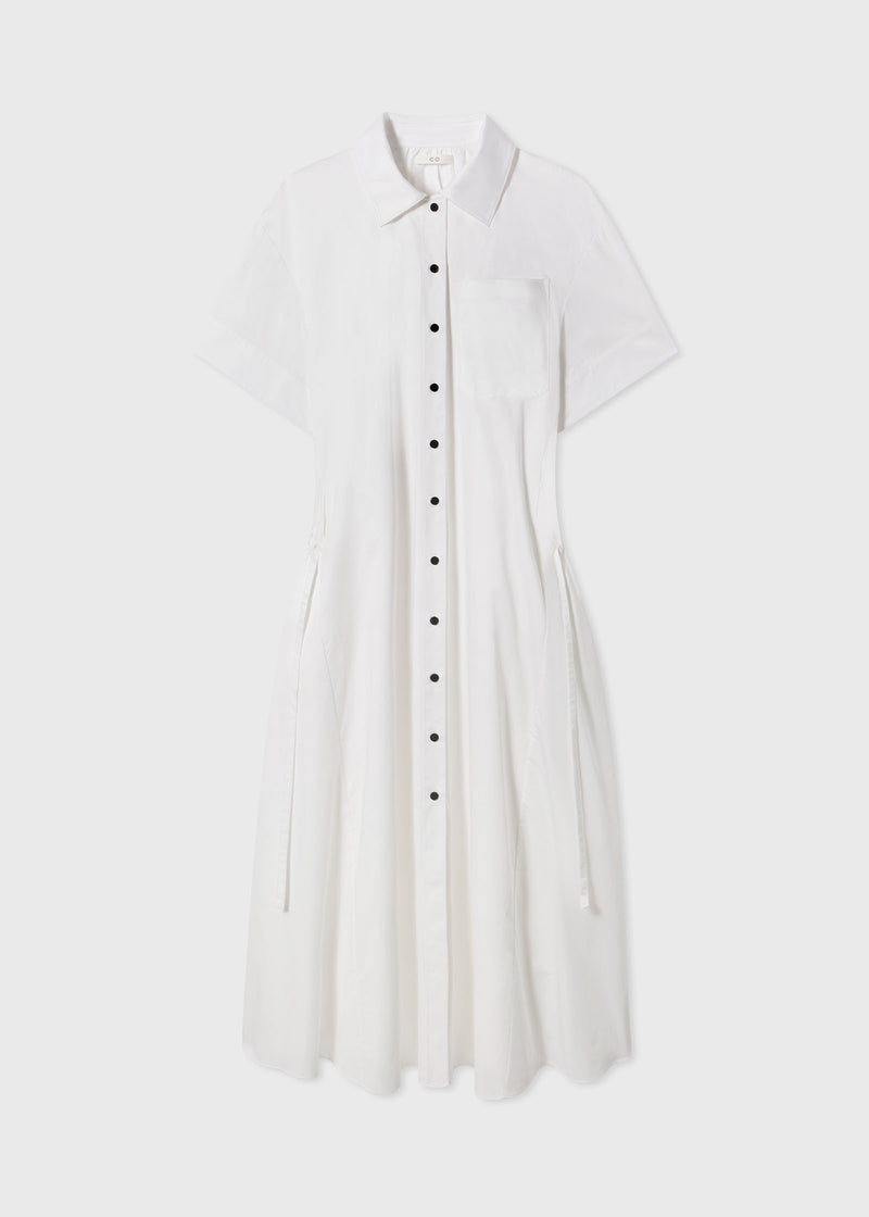 A-Line Gathered Waist Shirtdress in Cotton - White - CO
