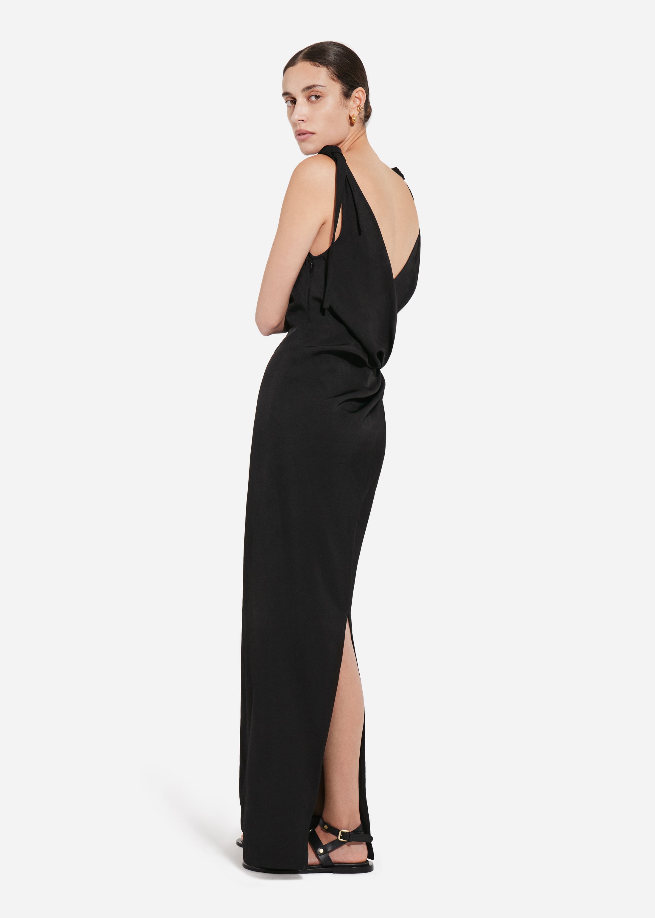 Pleated Slip Dress in Viscose Twill - Black